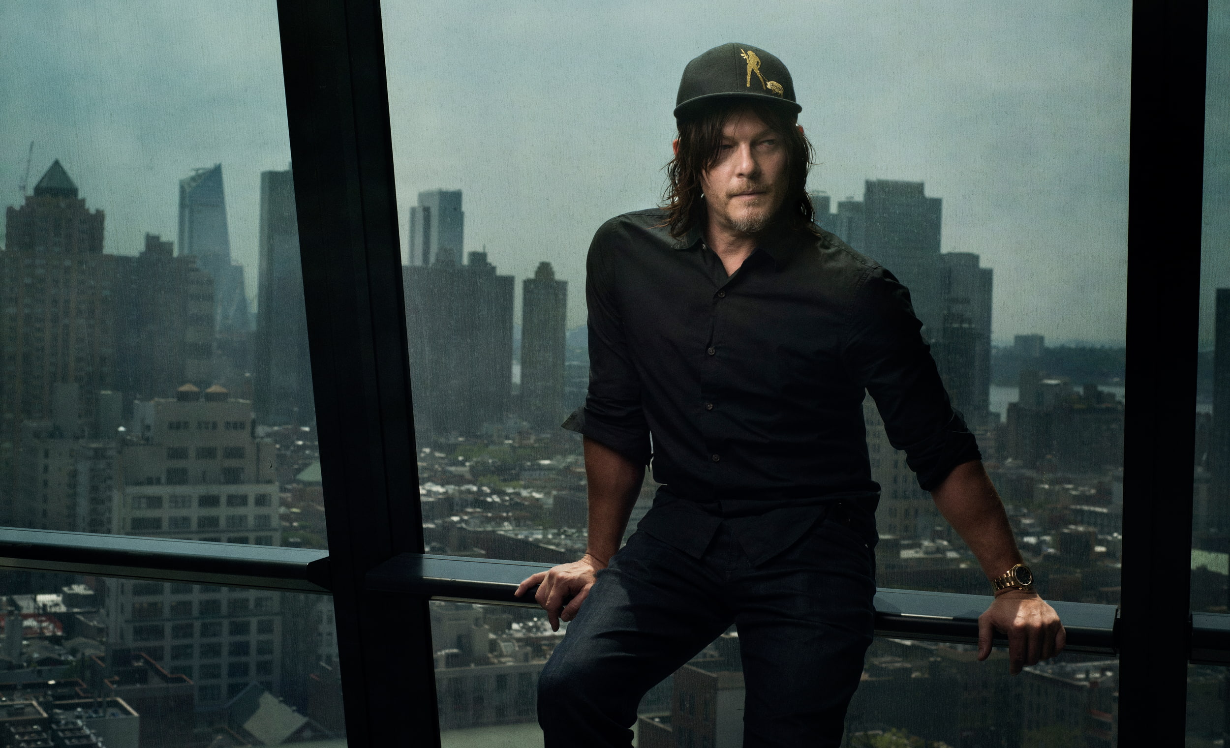 cap, Windows, pants, view, Norman Reedus, the city, baseball cap, Luke Fontana, Esquire, 1080P, landscape, photoshoot, actor, for the magazine, shirt, HD Wallpaper