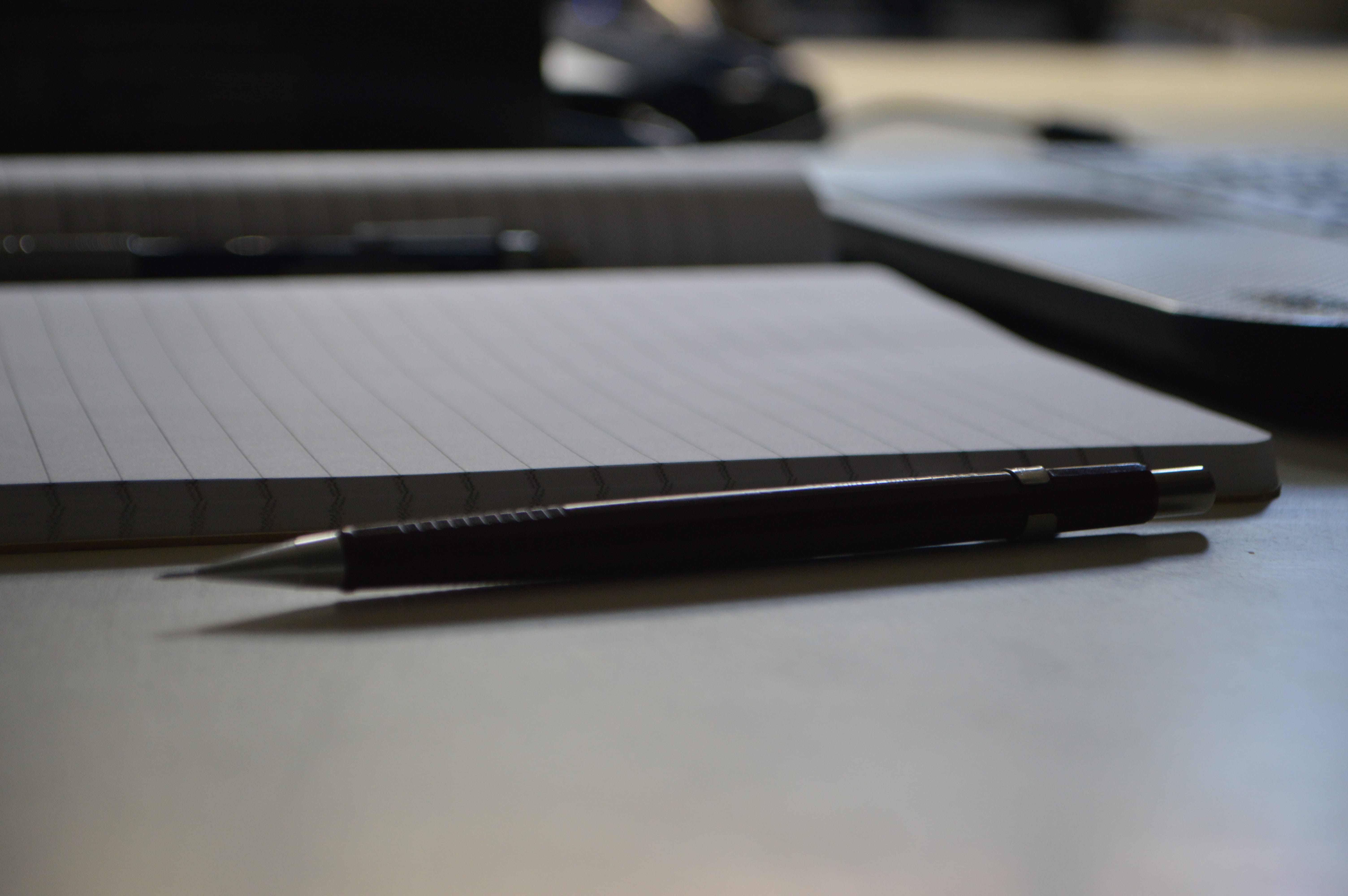 mechanical pencil, 5K, still life, no people, table, beside, indoors, pencil, wireless technology, depth of field, focus on foreground, document, paperwork, HD Wallpaper
