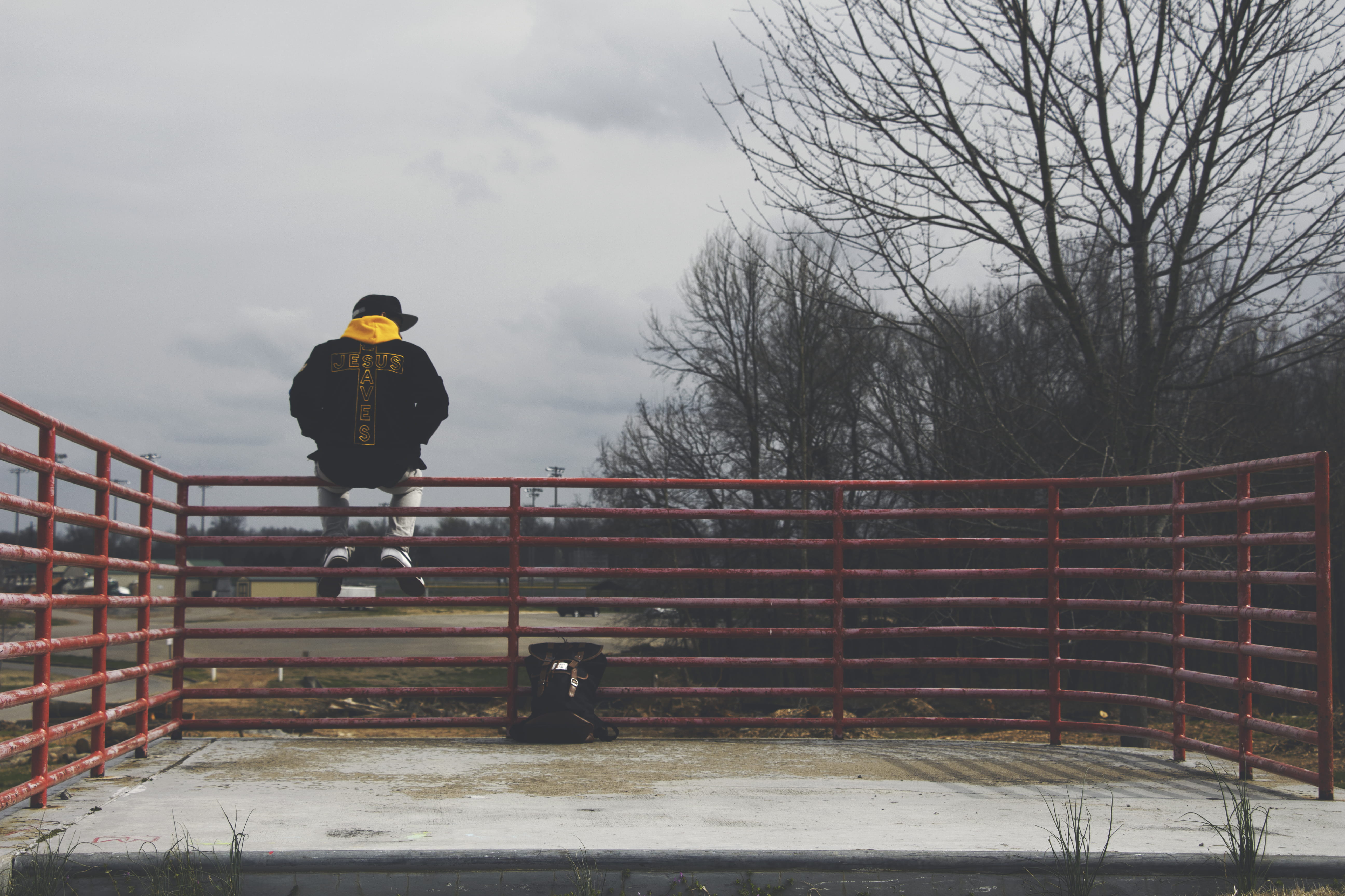 plant, thinking, lifestyles, architecture, person, rear view, yellow, railing, united states, warm clothing, tree, staircase, full length, hoodie, clothing, HD Wallpaper