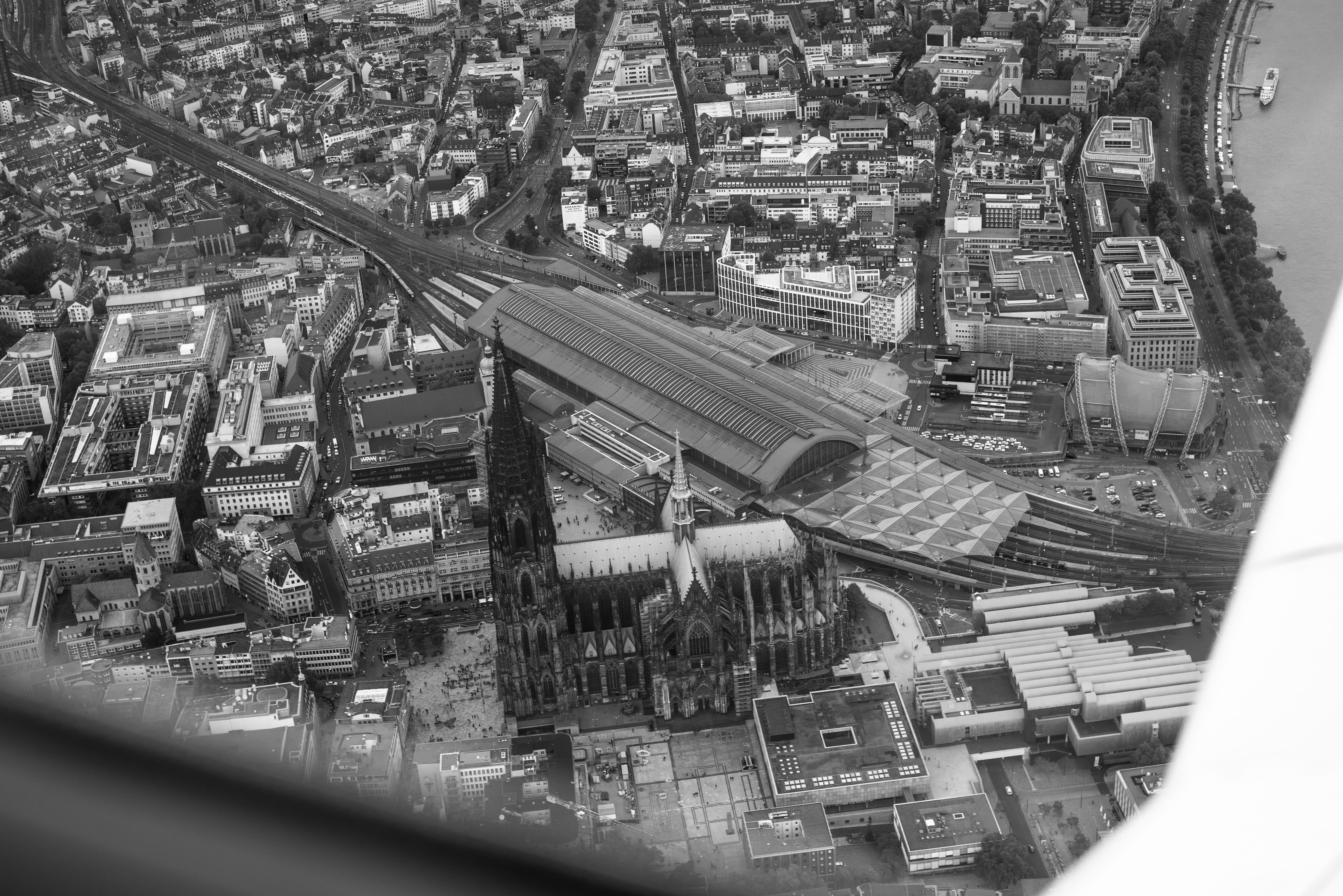 grayscale, landscape, cologne, germany, no people, town, architecture, mode of transportation, aerial view, connection, view, day, scenery, photo, focus on background, HD Wallpaper