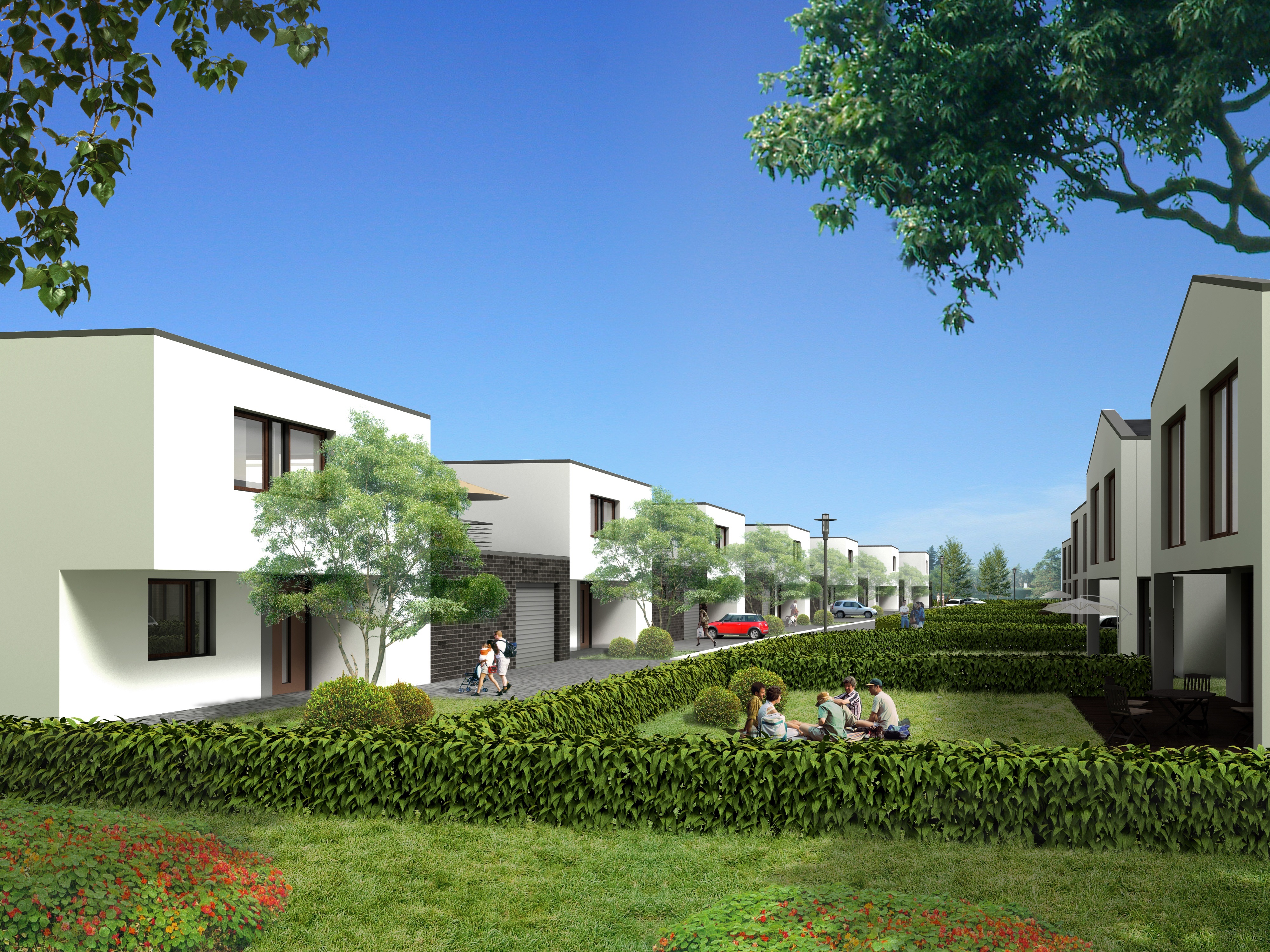 building, two, clear sky, 4K, house, visualization 3d, white, villa, women, architectural visualization, cgi, rendering, semi-detached house, people, visualization, HD Wallpaper