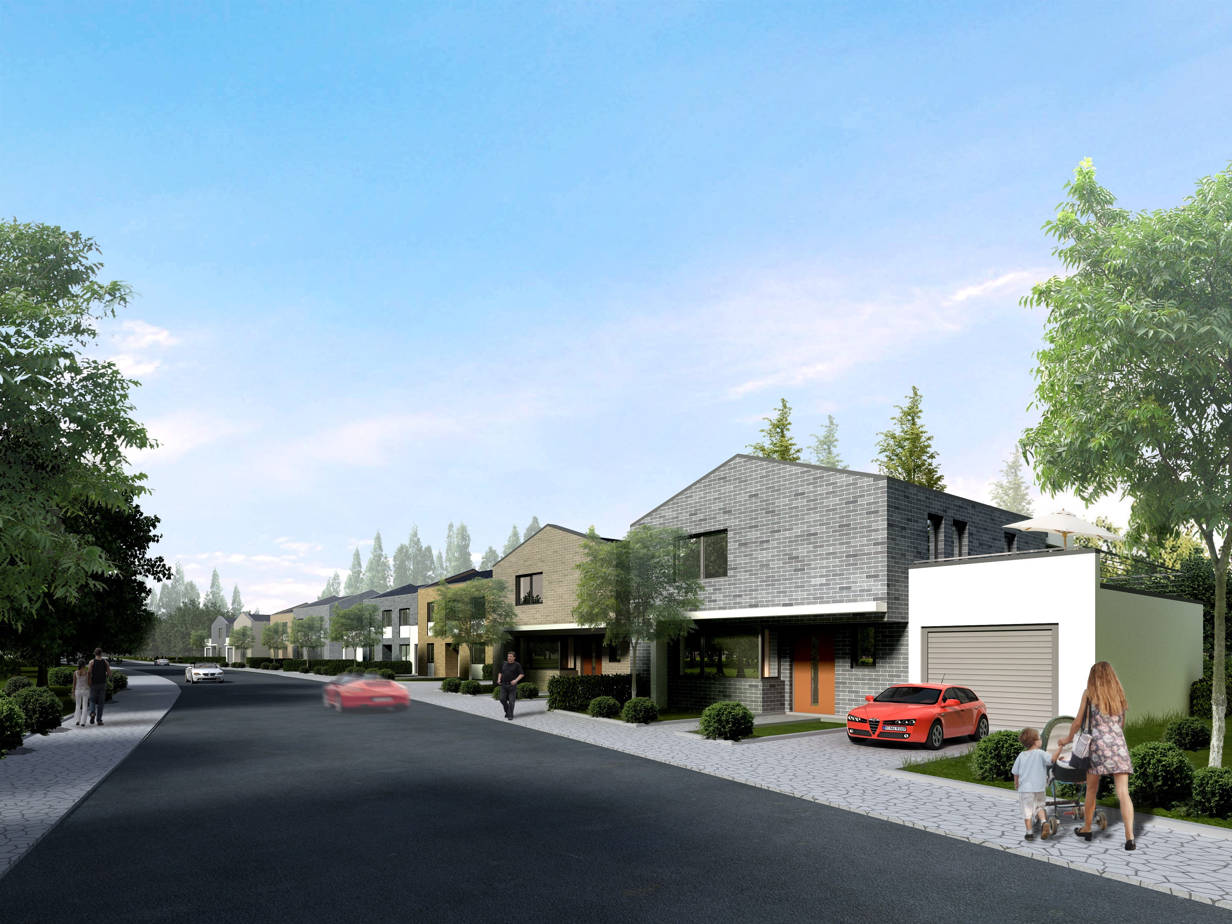 road, outdoors, asphalt, house, nature, direction, street, rendering, gray, landscape, motor vehicle, tree, mode of transportation, 4K, transportation, HD Wallpaper