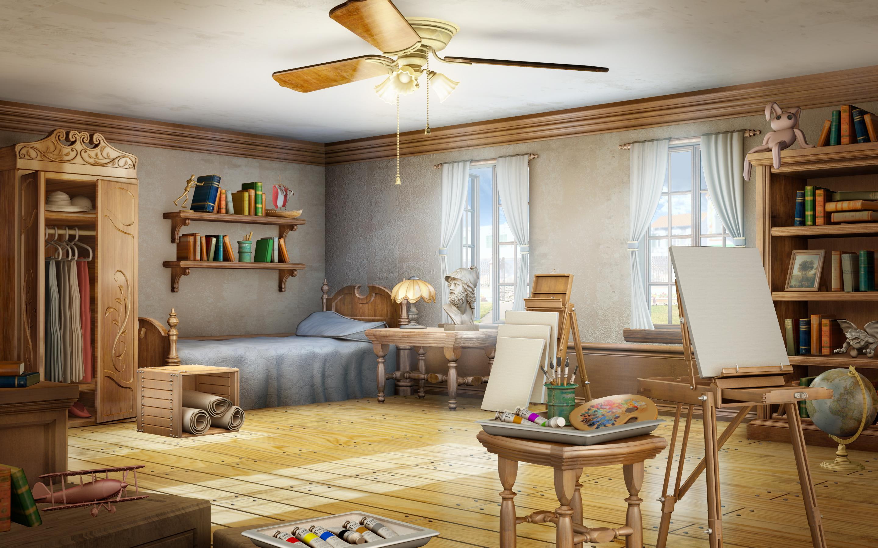 art, room, 2K, three, wooden, fan, ceiling, interior, artist, brown, blades, HD Wallpaper