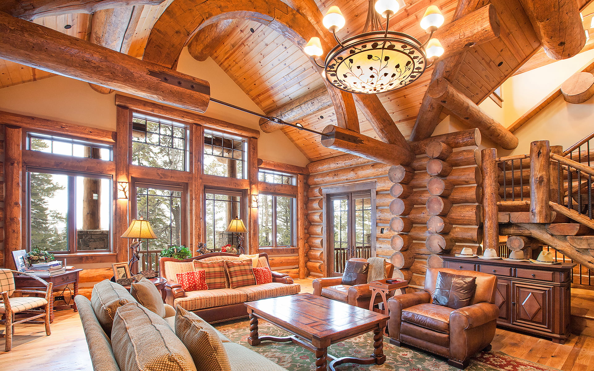 wooden, table, great room, set, interior, rectangular, 1080P, log home, piece, sofa, brown, HD Wallpaper