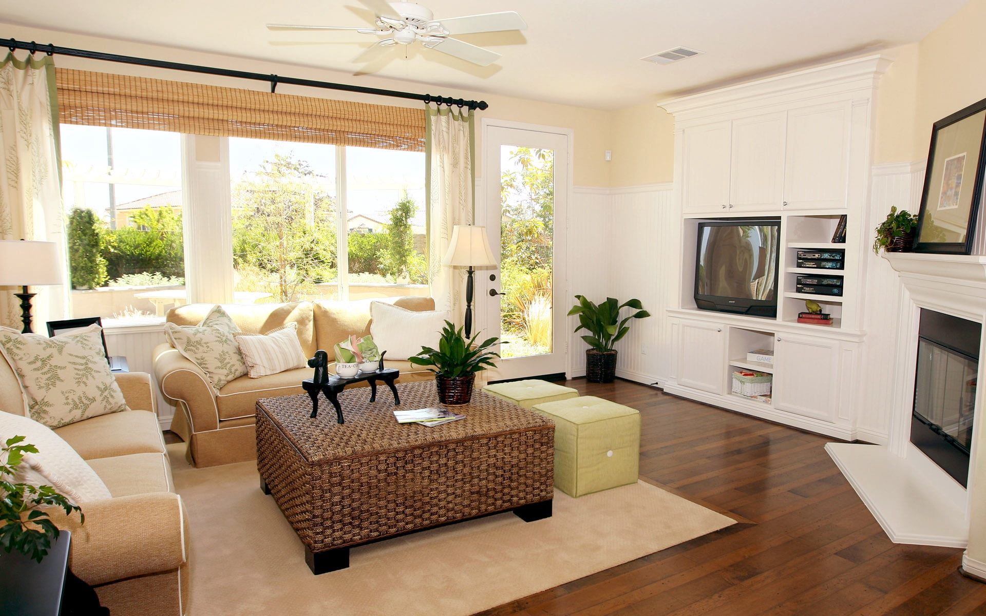 decoration, domestic Life, tv, coffee, armchair, plant, fabric, hardwood floor, houseplant, indoors, wood, brown, parquet Floor, pillow, set, architecture, HD Wallpaper