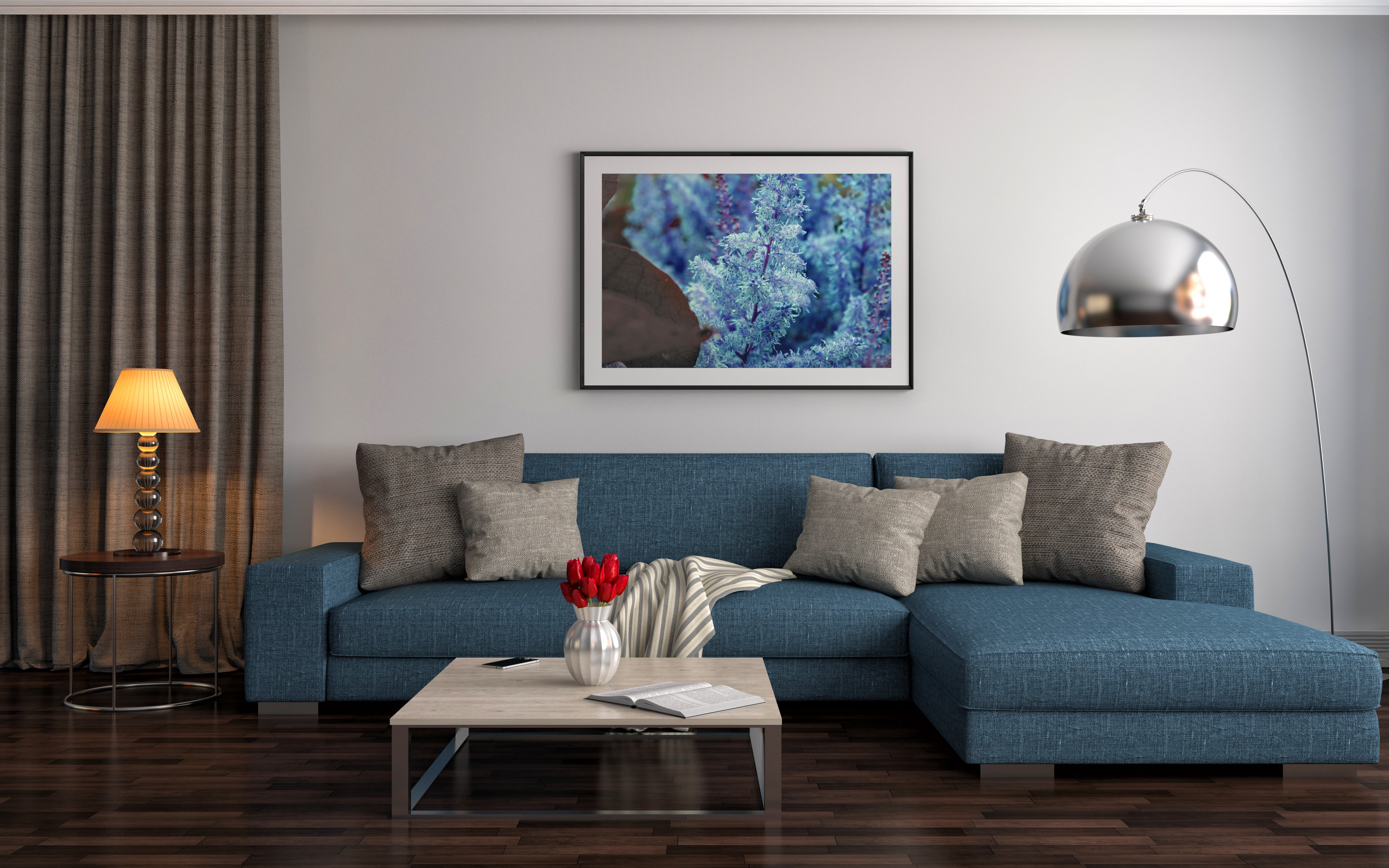 modern, vase, style, table, flowers, sofa, pillow, 4K, design, living room, interior, picture, HD Wallpaper
