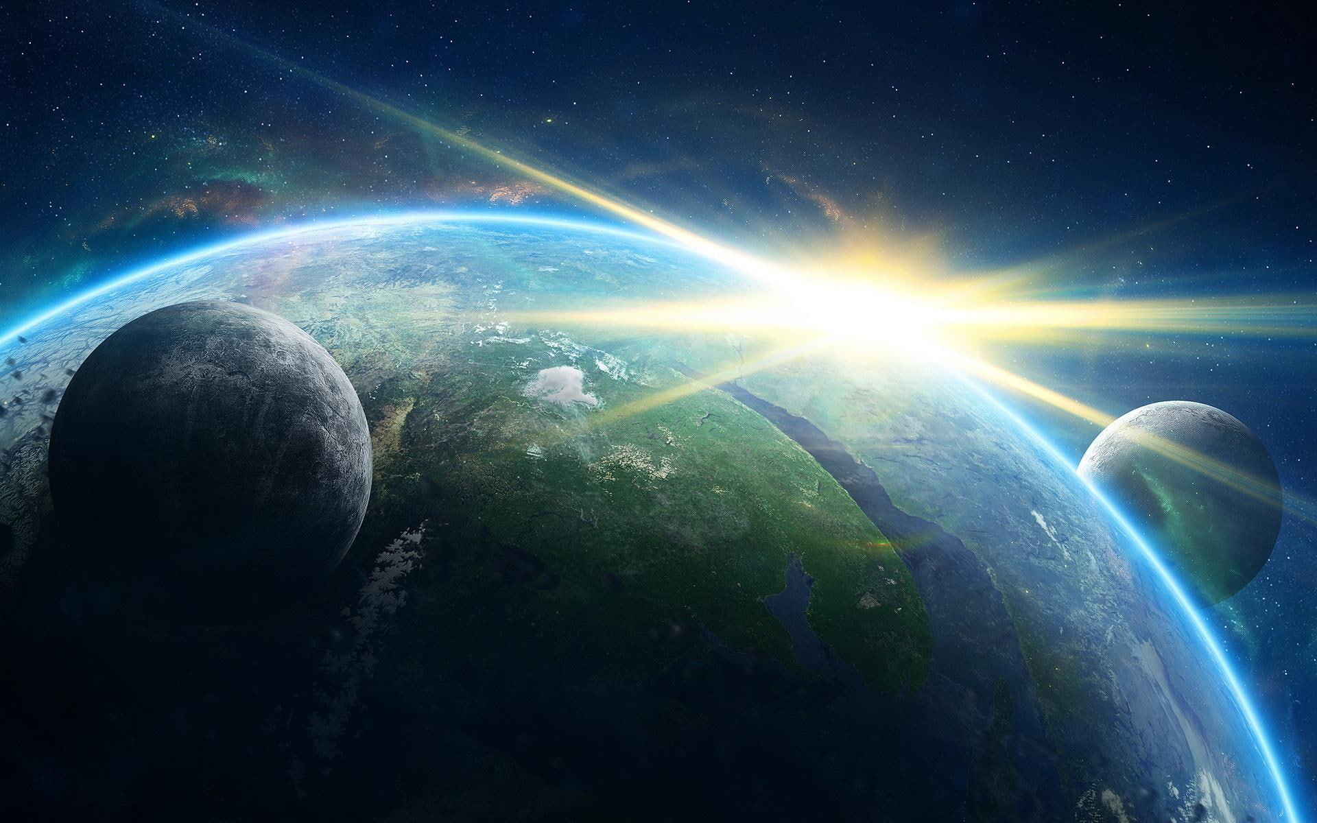 plantets, sunrise, moon, atmosphere, sci, fi, sunset, earth, sunlight, star, cosmos, 1080P, space, gallery, HD Wallpaper