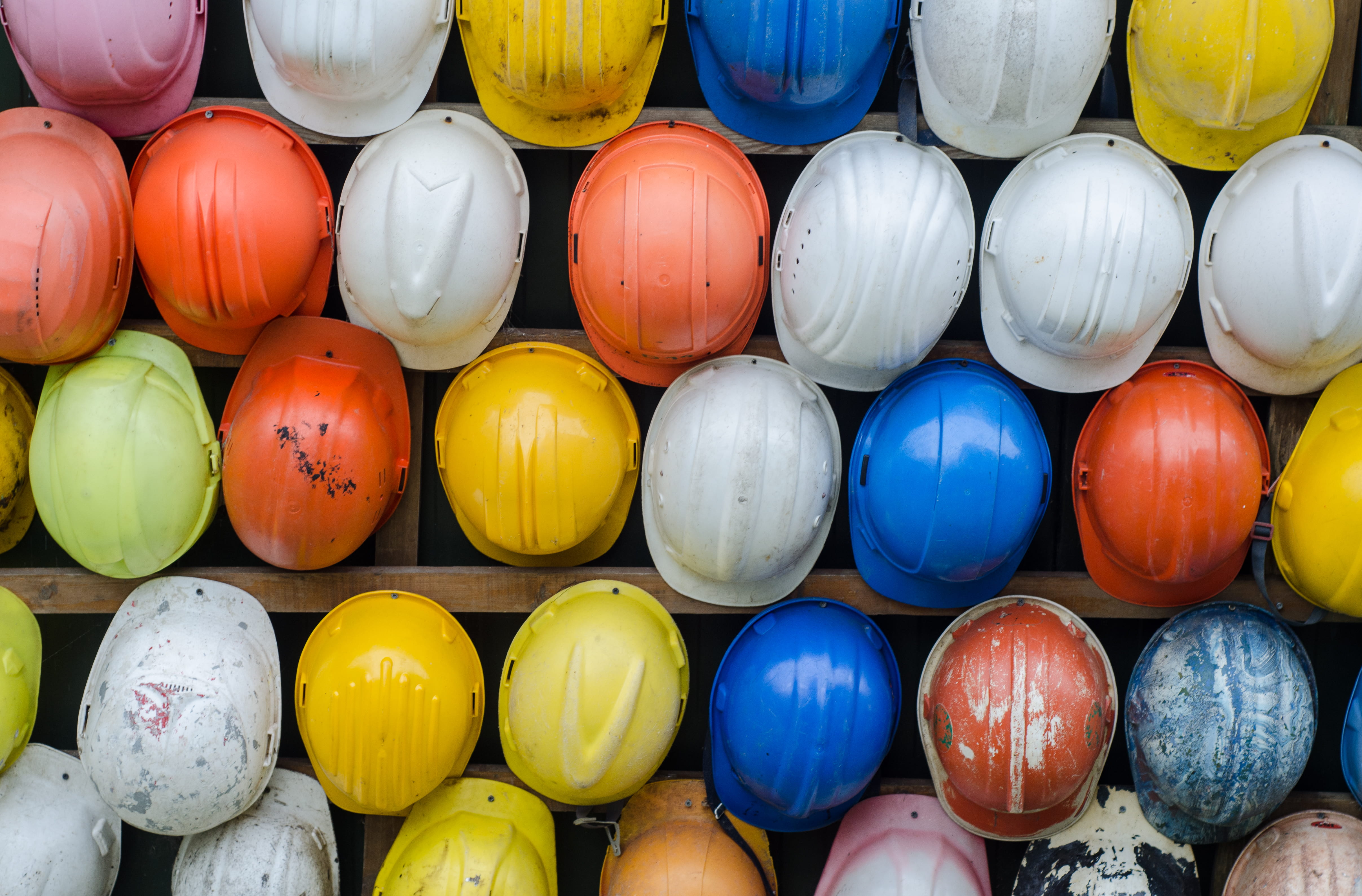 helmets, market, 4K, food and drink, safety, for sale, collection, hardhats, colourful, in a row, variation, side by side, still life, choice, large group of objects, HD Wallpaper