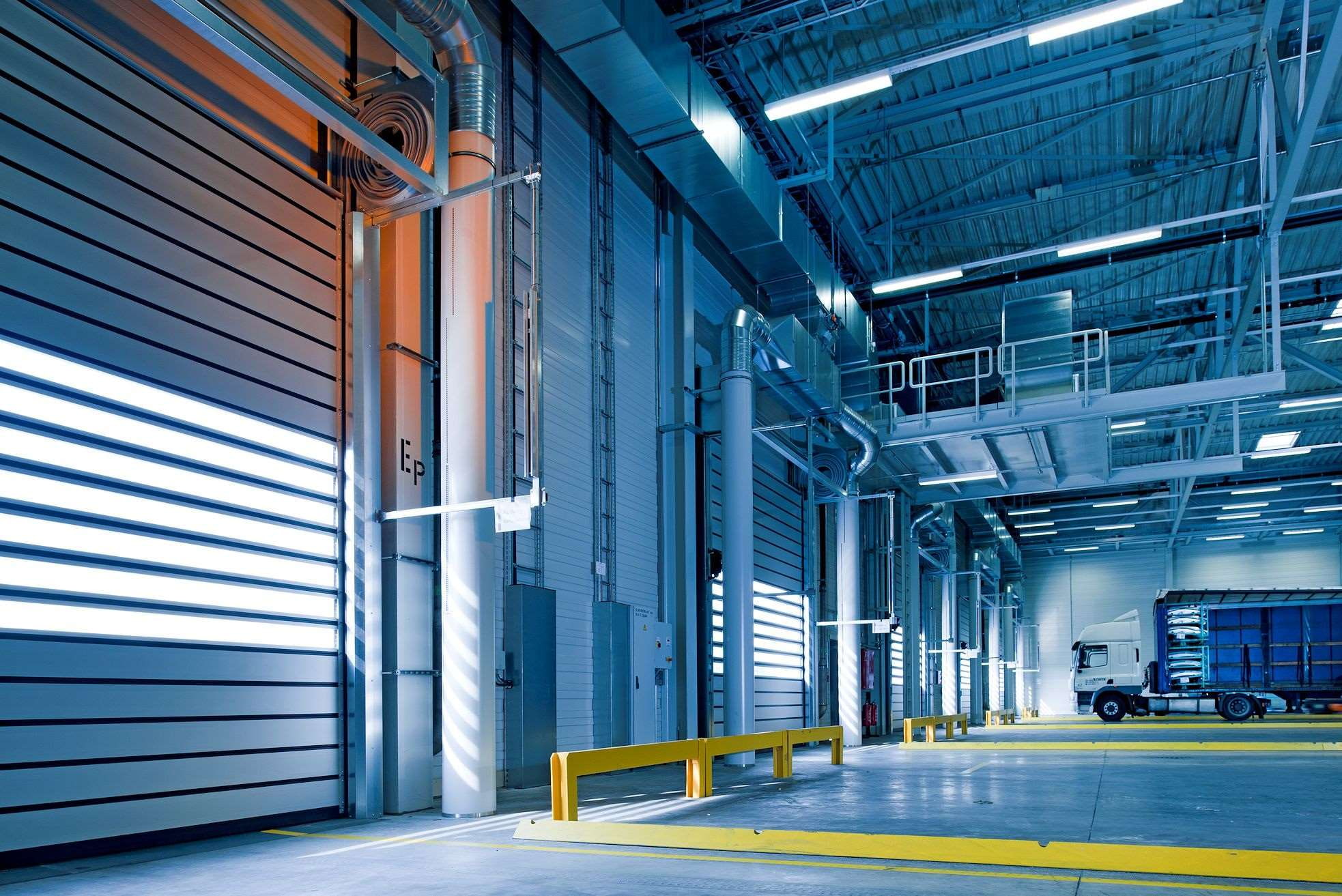 1080P, perspective, metal, truck, modern, illuminated, office building exterior, blue, warehouse, lighting equipment, transportation, steel, architectural column, HD Wallpaper