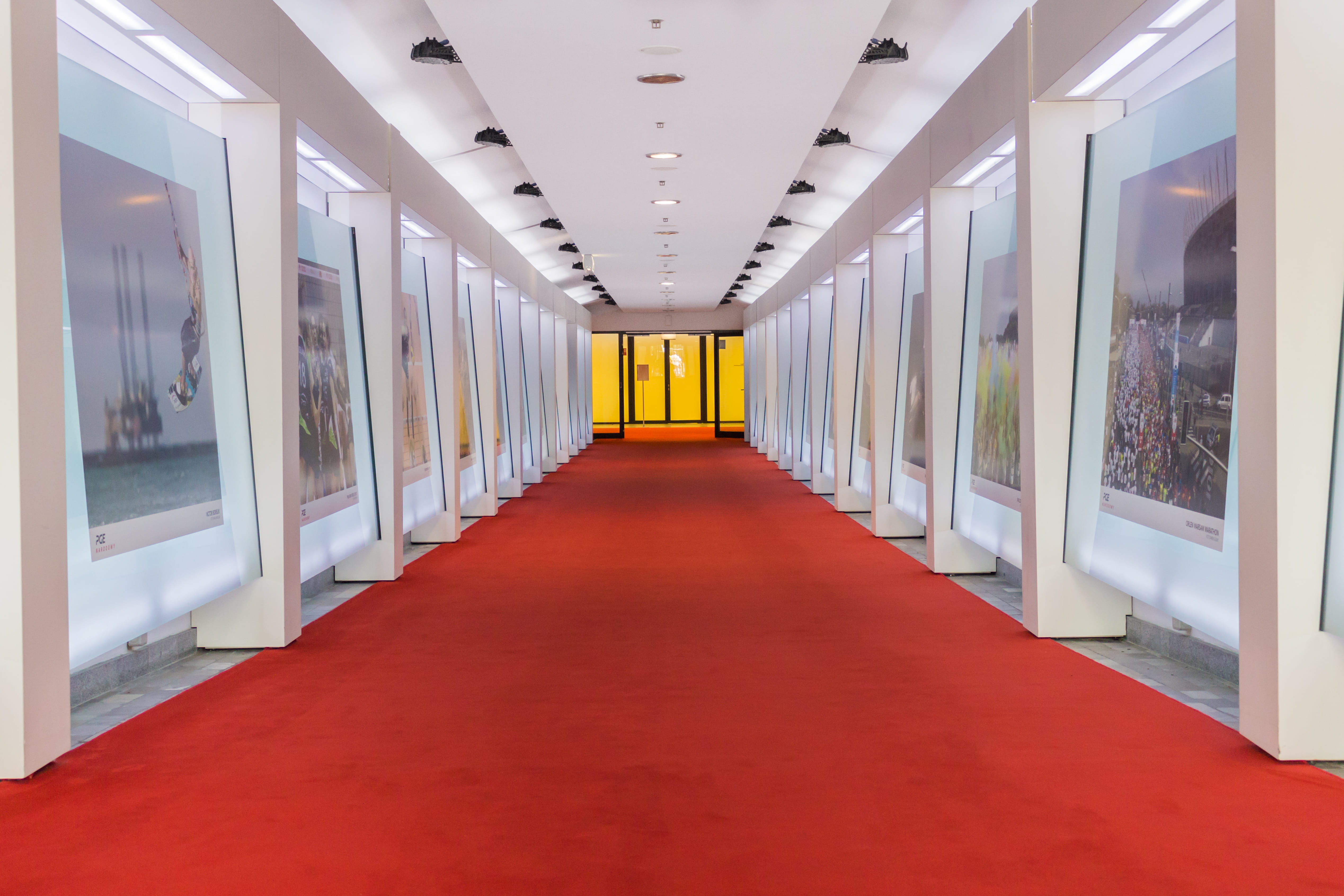 indoors, arcade, lighting equipment, office, direction, architecture, hall, in a row, window, red, empty, illuminated, ceiling, flooring, entrance, long, HD Wallpaper