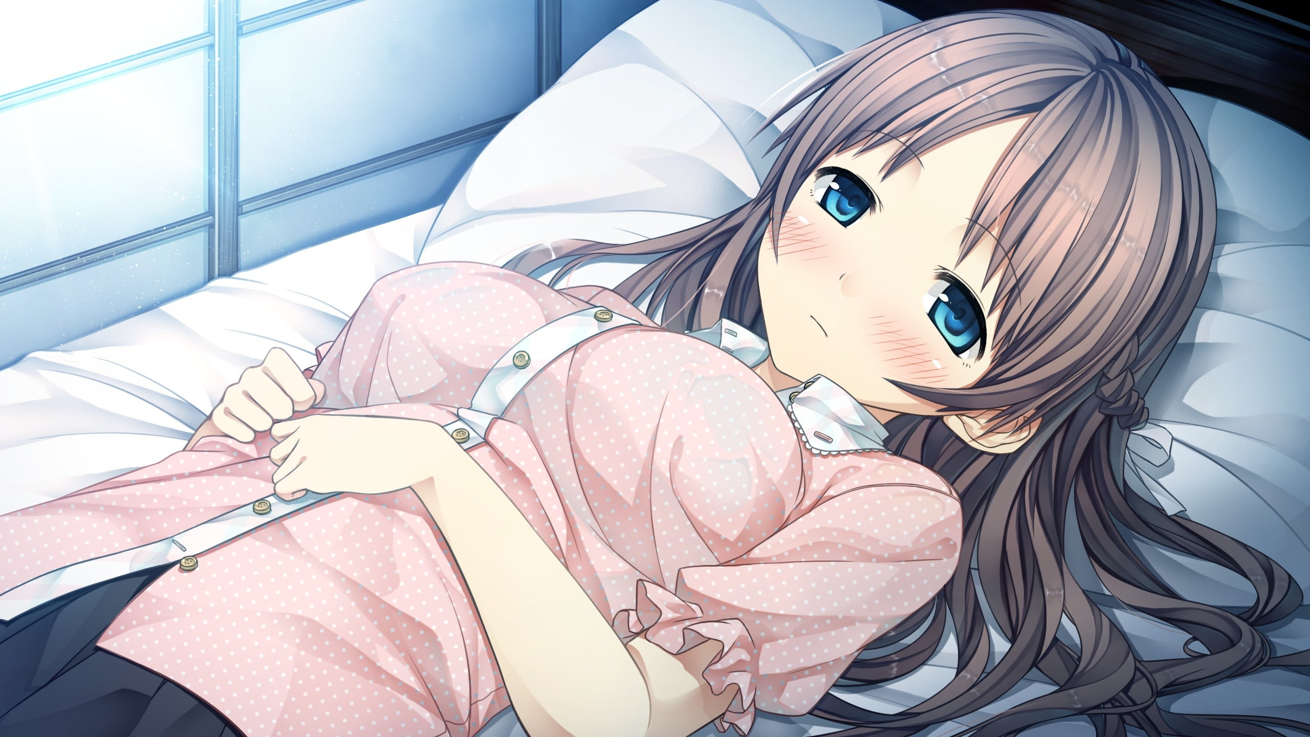 indoors, blue, abstract, Video Games, lying, game, visual, blouse, 2K, video, brunettes, h, d, pillows, eyes, novels, hd, blush, games, beds, art, cg, HD Wallpaper