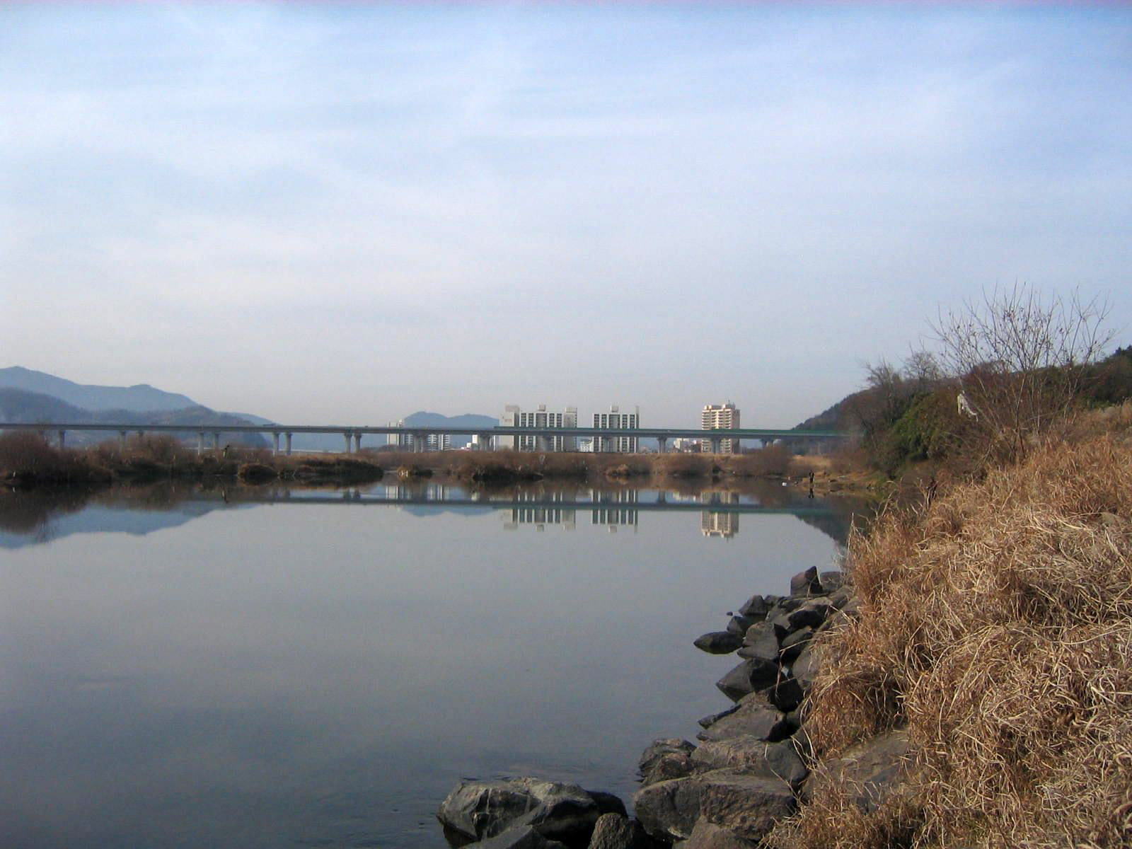 reflection, architecture, city, across, river, landscape, korea, tranquility, sky, miryang, waterfront, tranquil scene, nature, cloud - sky, no people, HD Wallpaper