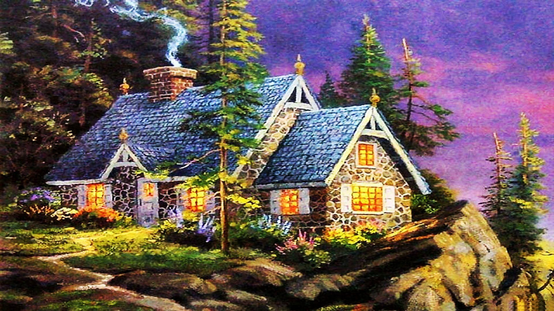 artwork, 1080P, home, painting, landscape, sweet, kinkade, 3d and abstract, house, HD Wallpaper