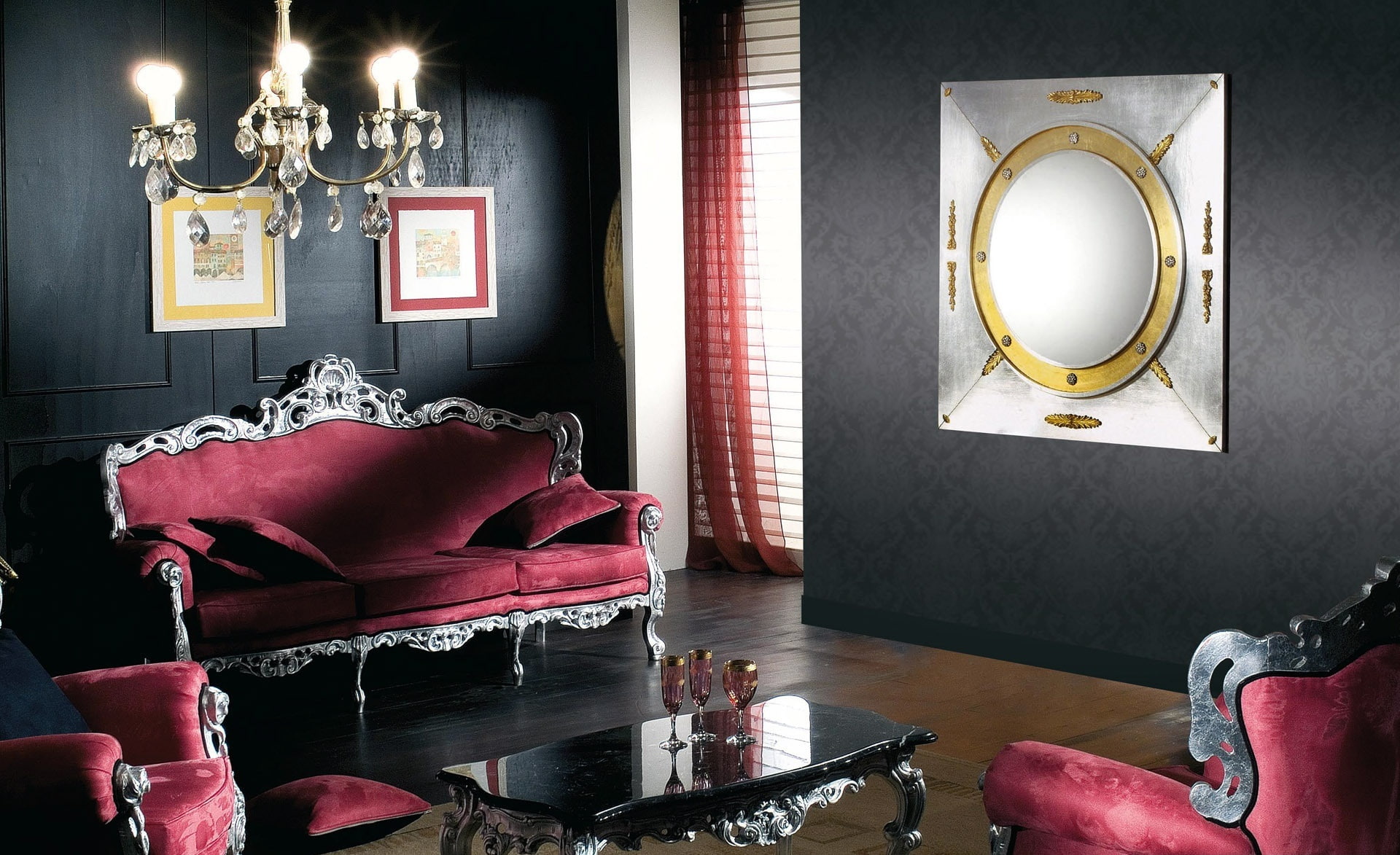 frame, empty, wooden, framed, electric lamp, lighting equipment, fabric, Vintage, grey, red, ornate, indoors, chair, Livingroom, mirror, Architecture, sofa, HD Wallpaper