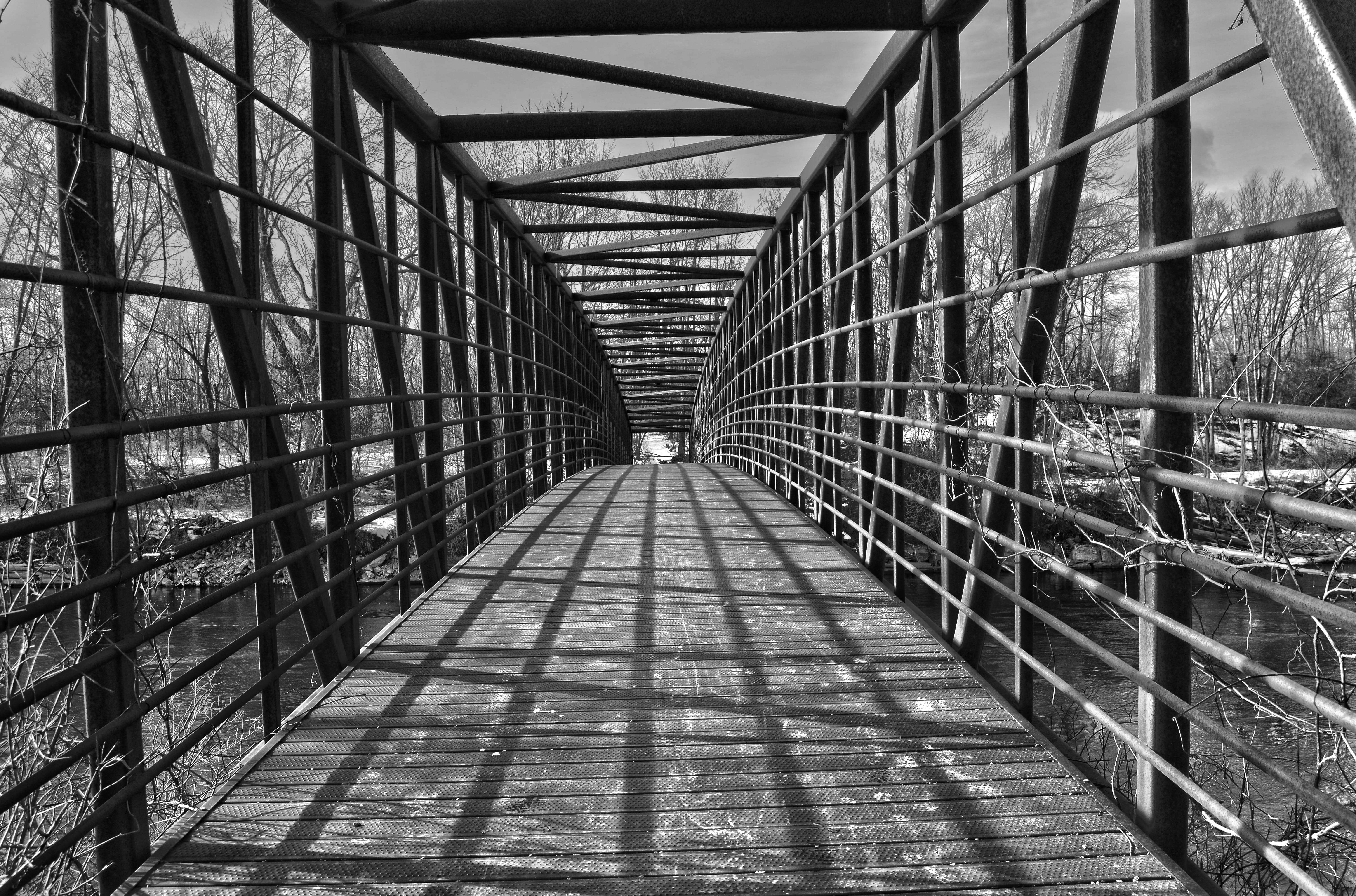 walkway, nature, direction, connection, white, path, the way forward, black and white, no people, bridge, destination, point of view, travel, ceiling, metal, HD Wallpaper