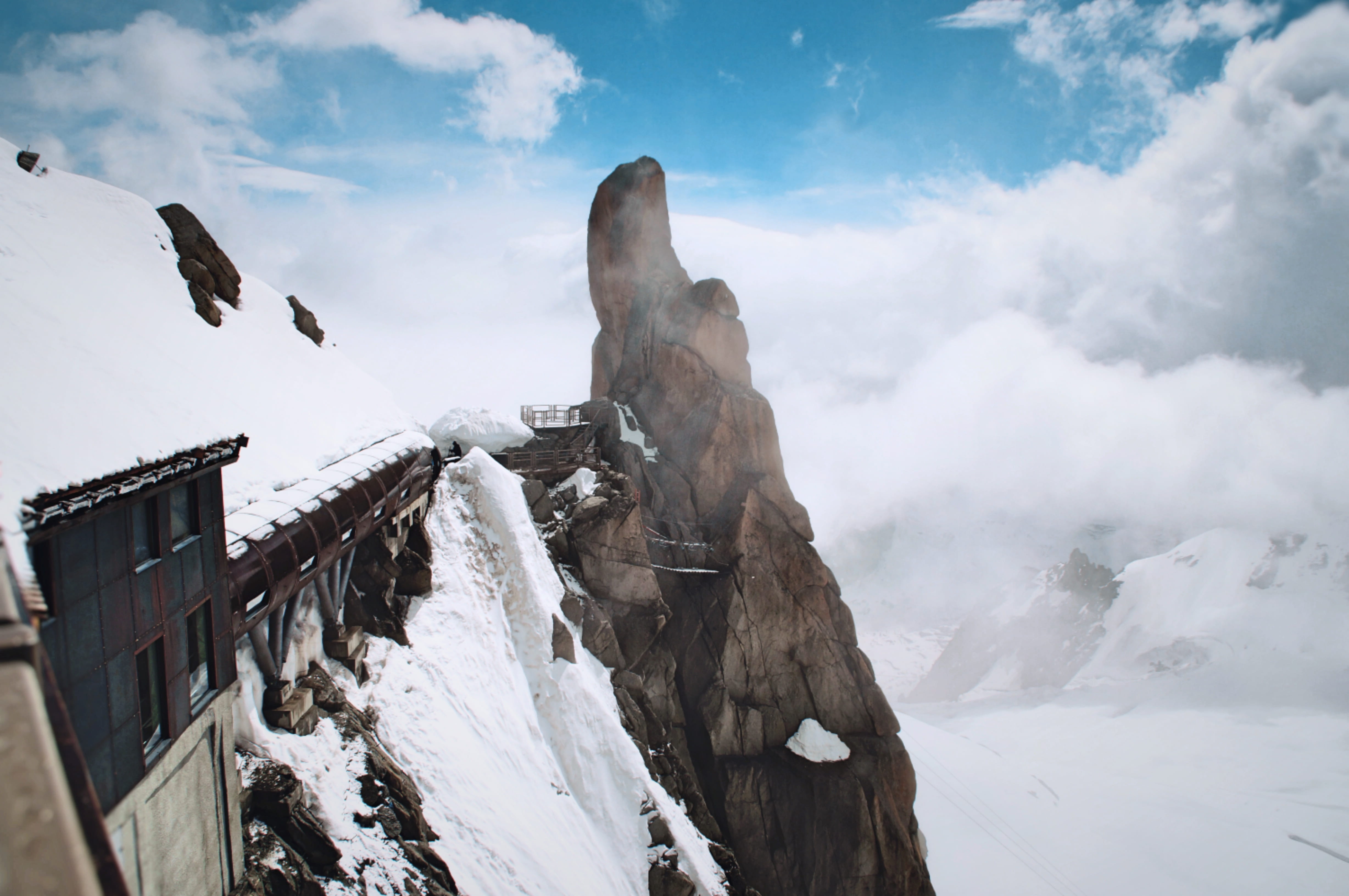 day, nature, snow, cloud - sky, cloudy, summit, animal themes, architecture, outdoors, bird, cold, chamonix, frozen, peak, animal wildlife, train, cold temperature, HD Wallpaper