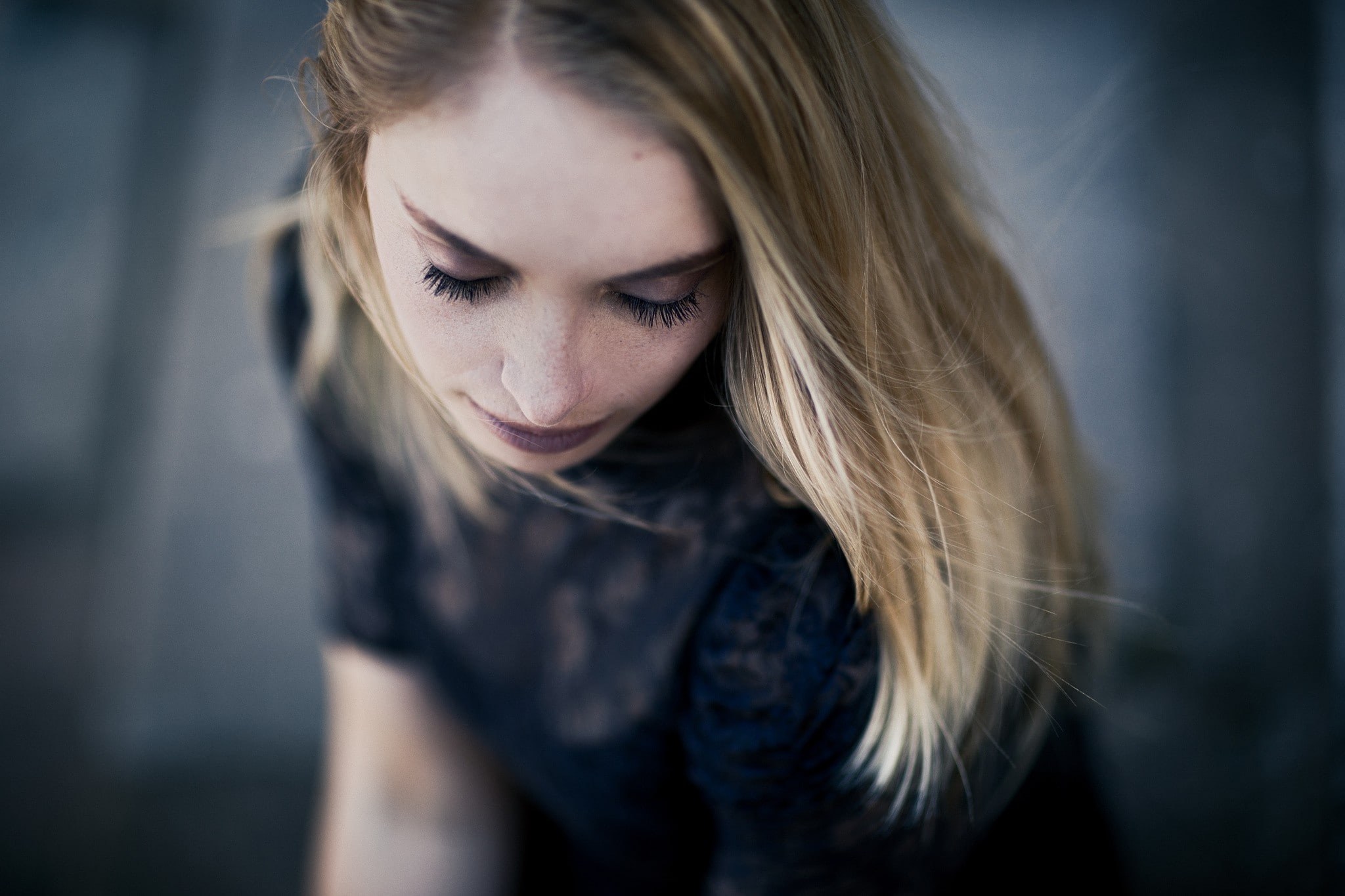 young women, blond hair, beautiful woman, women, teenager, casual clothing, hair, women indoors, 1080P, glass, looking at viewer, sadness, black clothing, HD Wallpaper