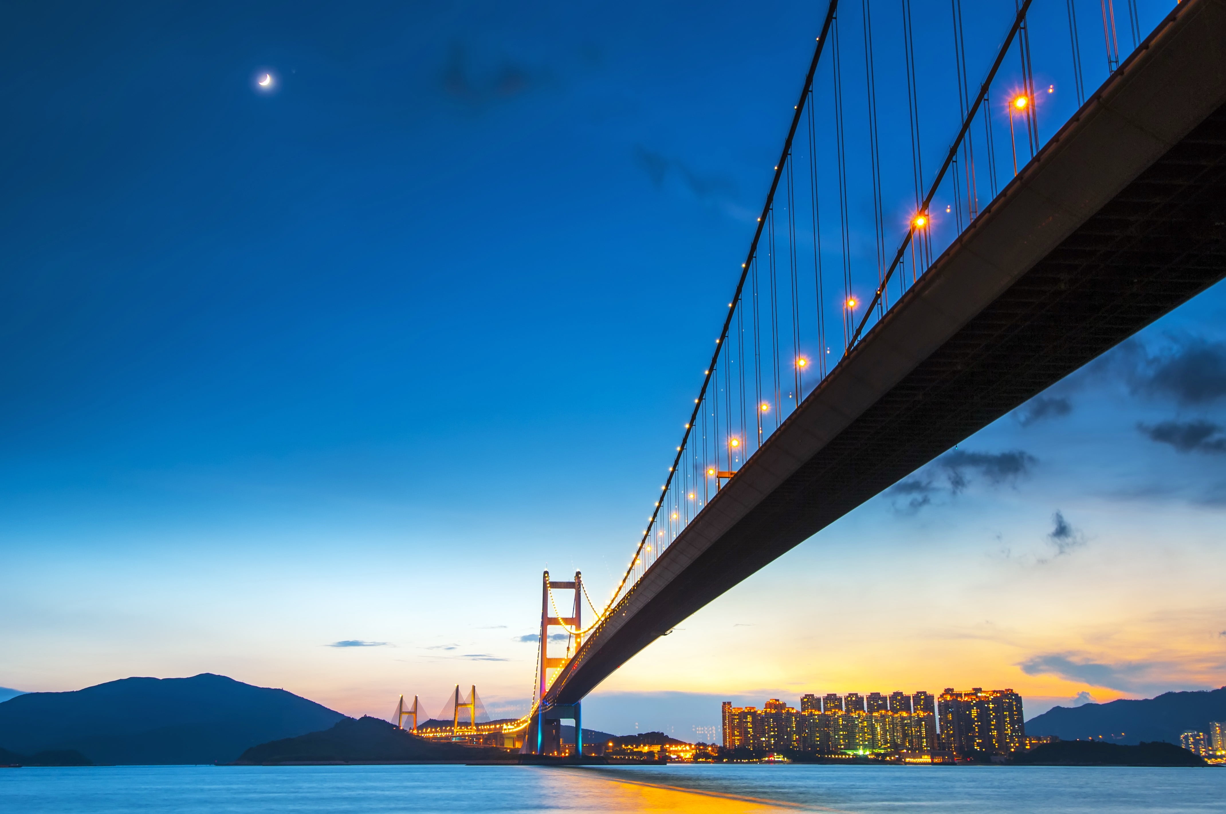 waterfront, sky, architecture, night, sea, skyscraper, outdoors, long, golden, water, connection, gate, low angle view, built structure, suspension bridge, HD Wallpaper