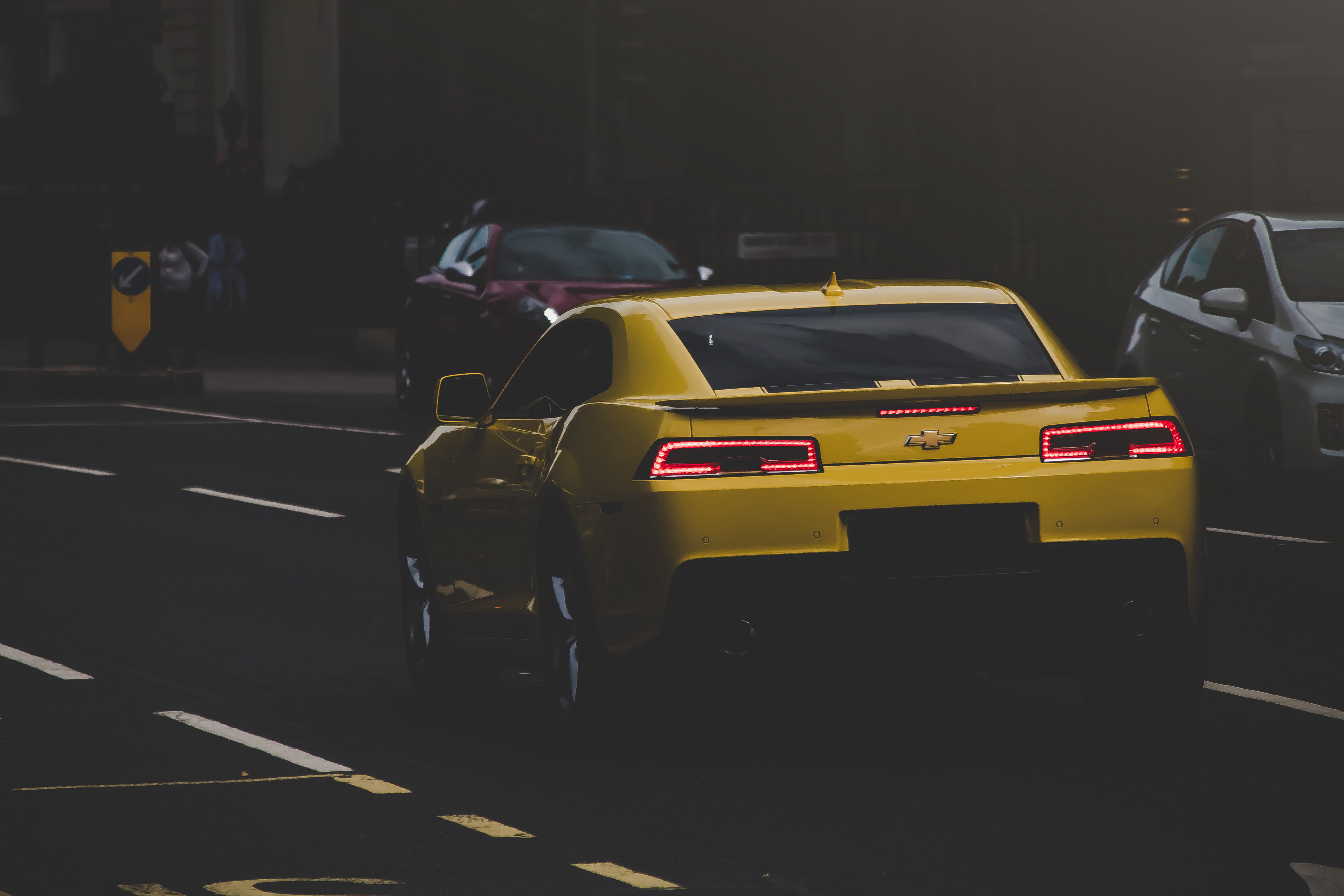 brake, lights, photo, symbol, public transportation, motion, moving, land vehicle, road, sign, popular, sports car, yellow lines, camaro, yellow taxi, car, HD Wallpaper