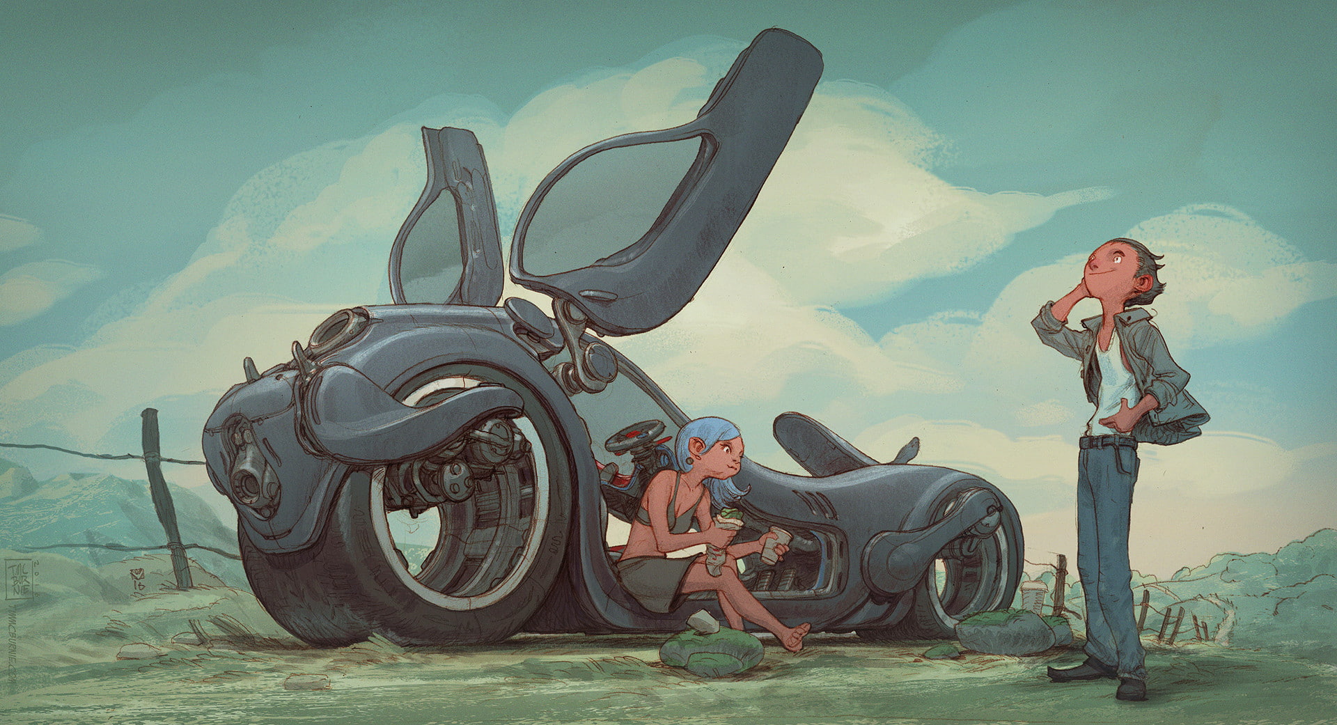 women, vehicle, machine, drawing, pasture, nature, eating, grass, men, 1080P, clouds, blue hair, HD Wallpaper