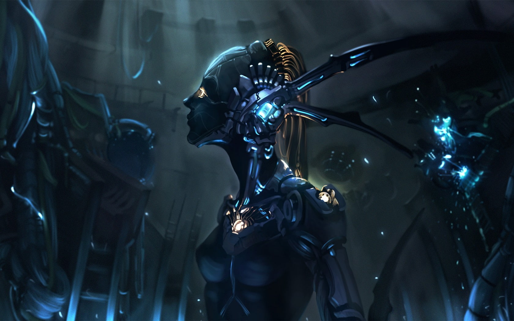 artwork, robot, machine, drawing, female, cyborg, digital, hd, cyberpunk, digital/artwork, 720P, HD Wallpaper