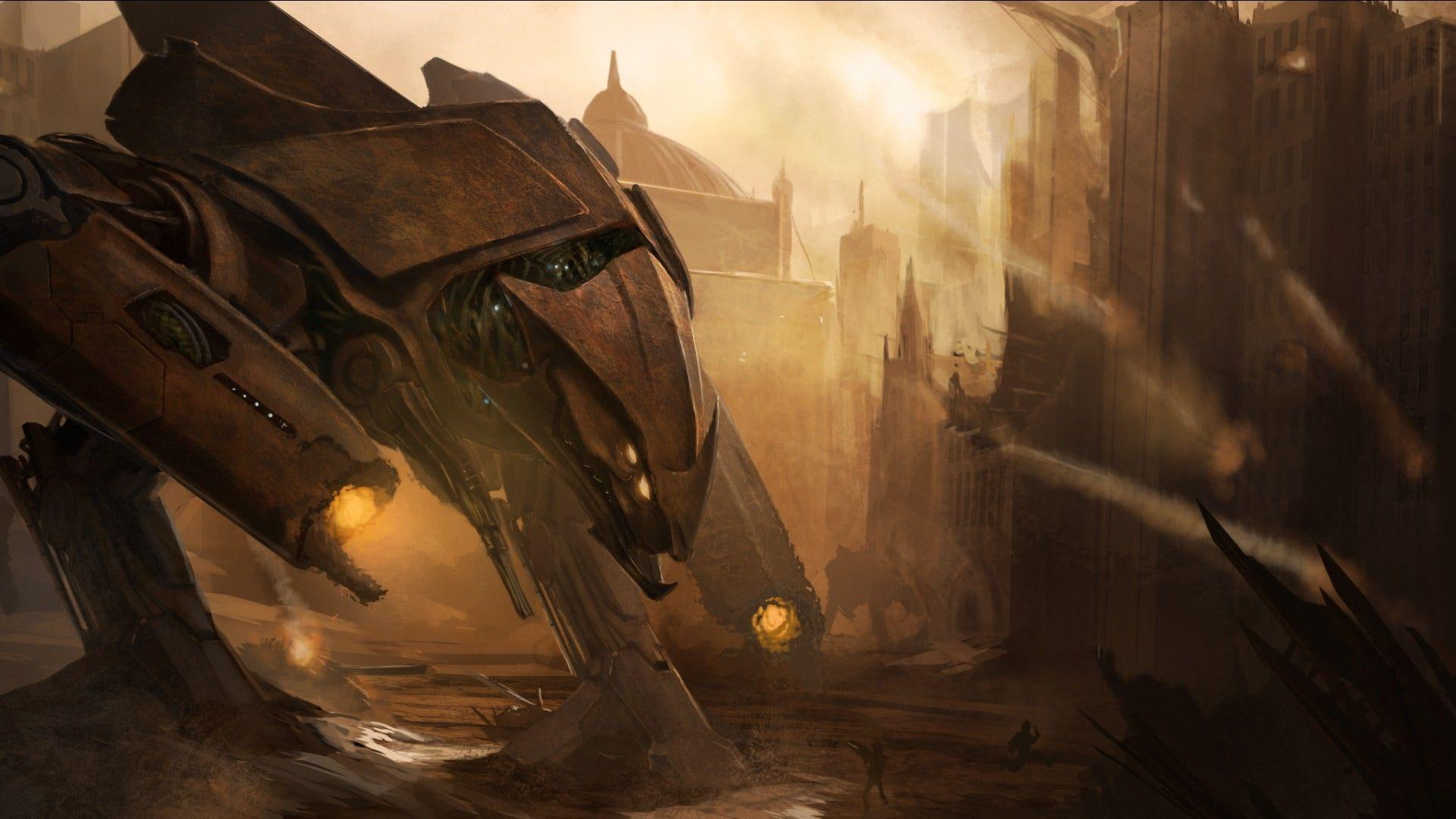 robot, building, city, 1080P, 1920x1080, fantasy, game, drawing, application, machine, HD Wallpaper