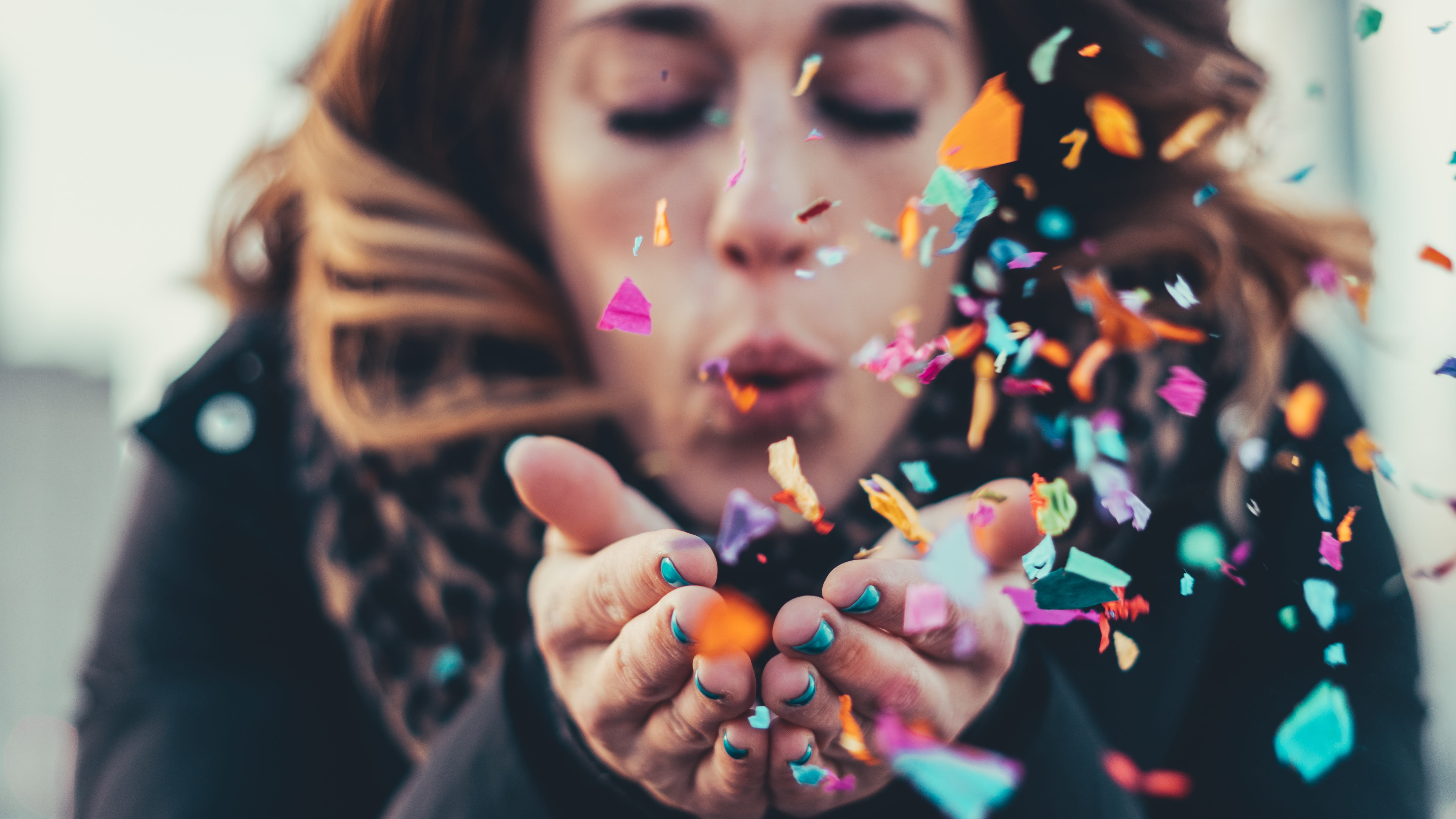 food, one person, blowing, multi colored, paper, sweet, 5K, selective focus, focus, human hand, hand, indoors, adult, photography, confetti, close-up, HD Wallpaper