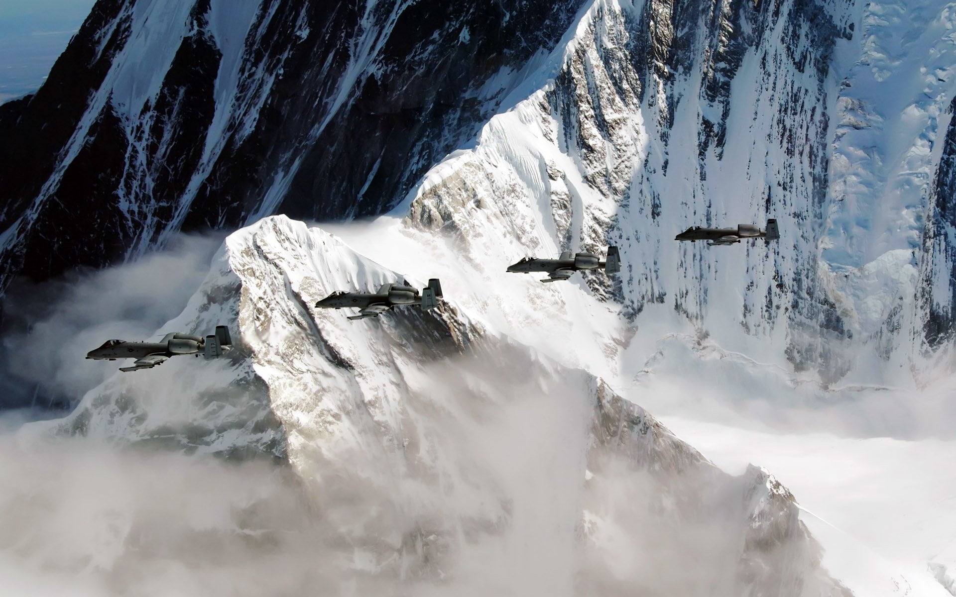 outdoors, day, snowcapped mountain, flowing water, real people, Fairchild Republic A-10 Thunderbolt II, Airplane, Warthog, cold temperature, tranquility, HD Wallpaper