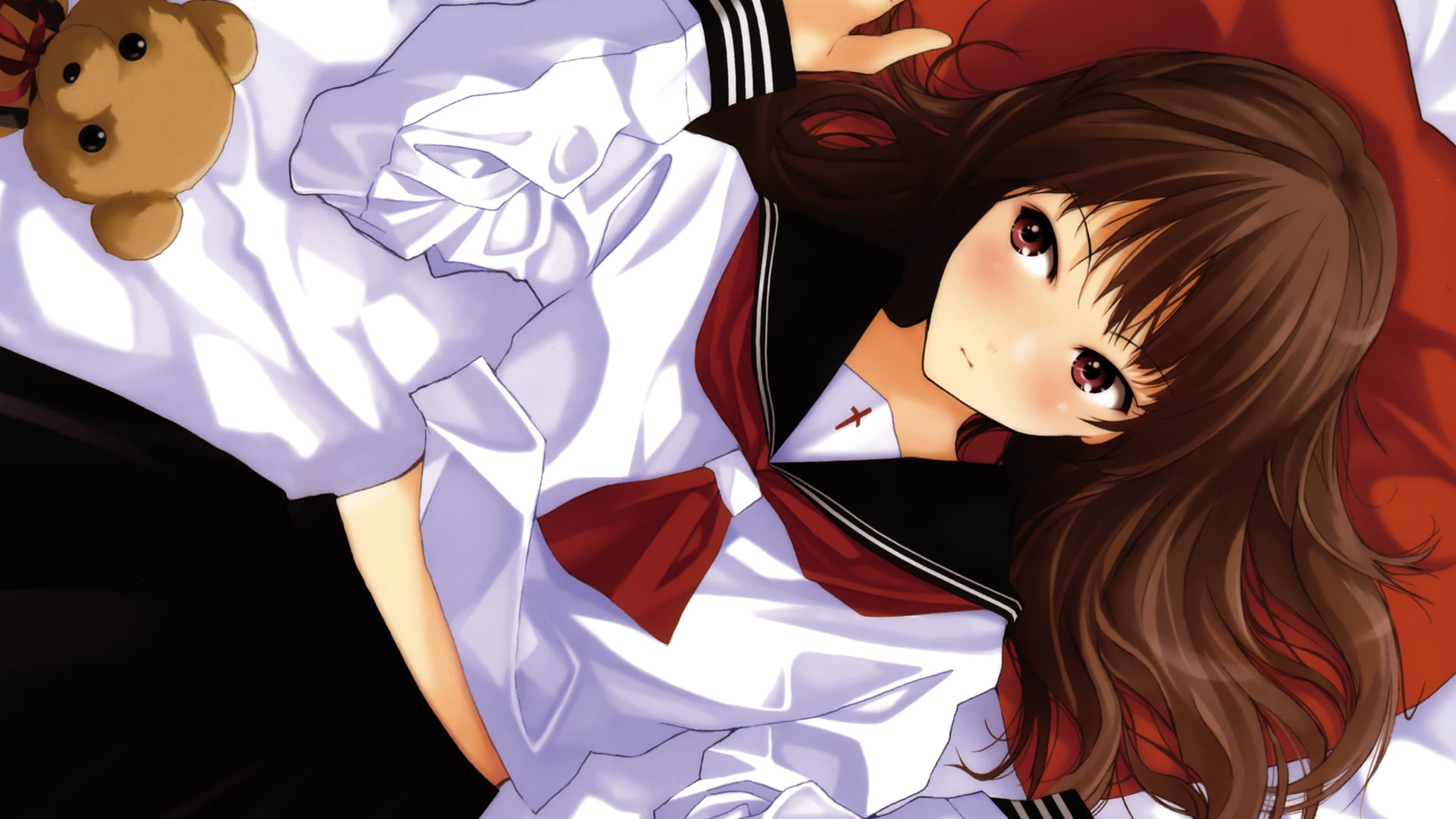 teddy, art, animals, red, hair, hd, anime, girls, school uniforms, schoolgirls, bears, eyes, long, 1080P, x, uniforms, school, HD Wallpaper