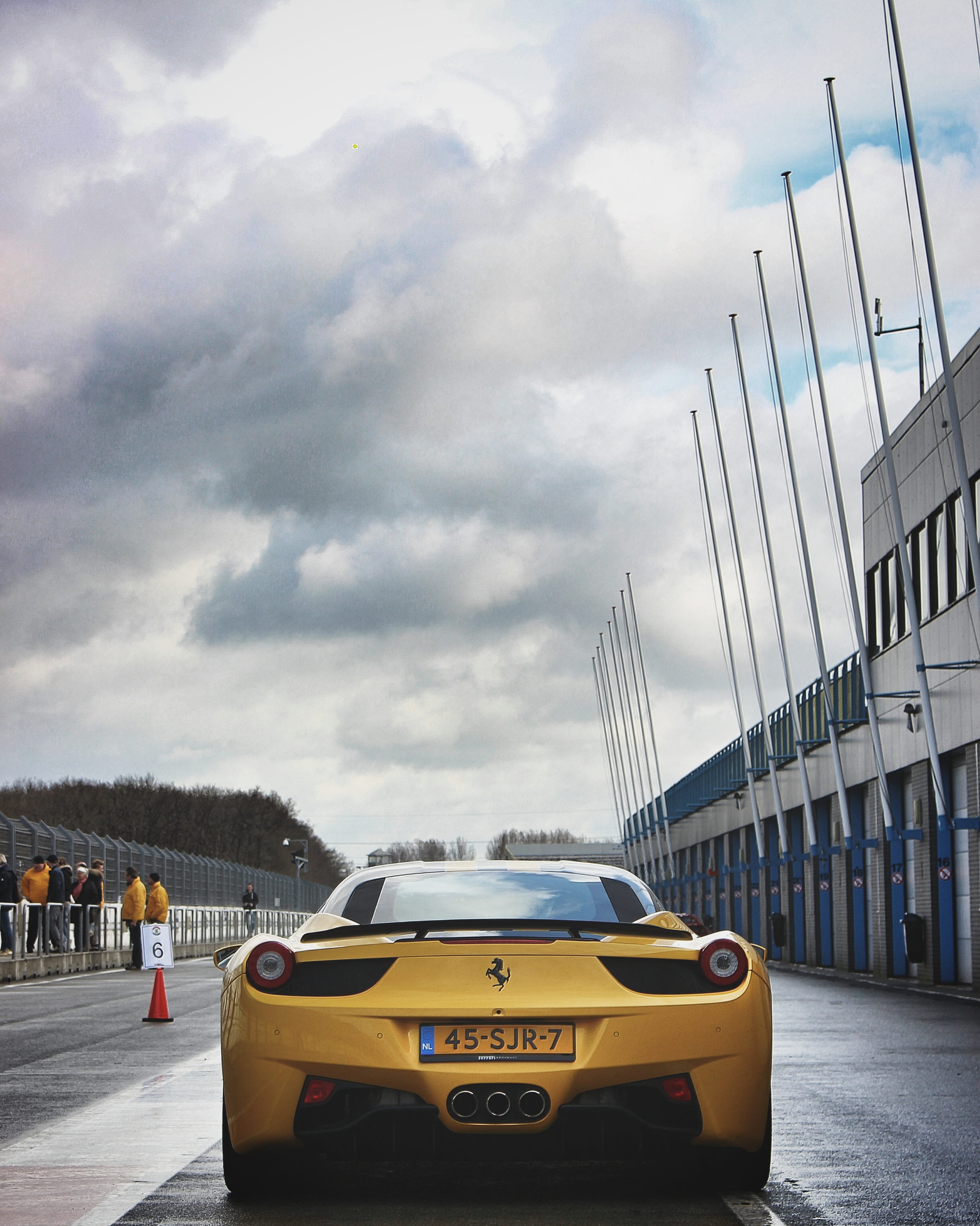 sunset, day, yellow, cloud - sky, car, travel, style, transportation, f458, laferrari, automotive, group of people, land vehicle, flag poles, outdoors, Phone HD Wallpaper