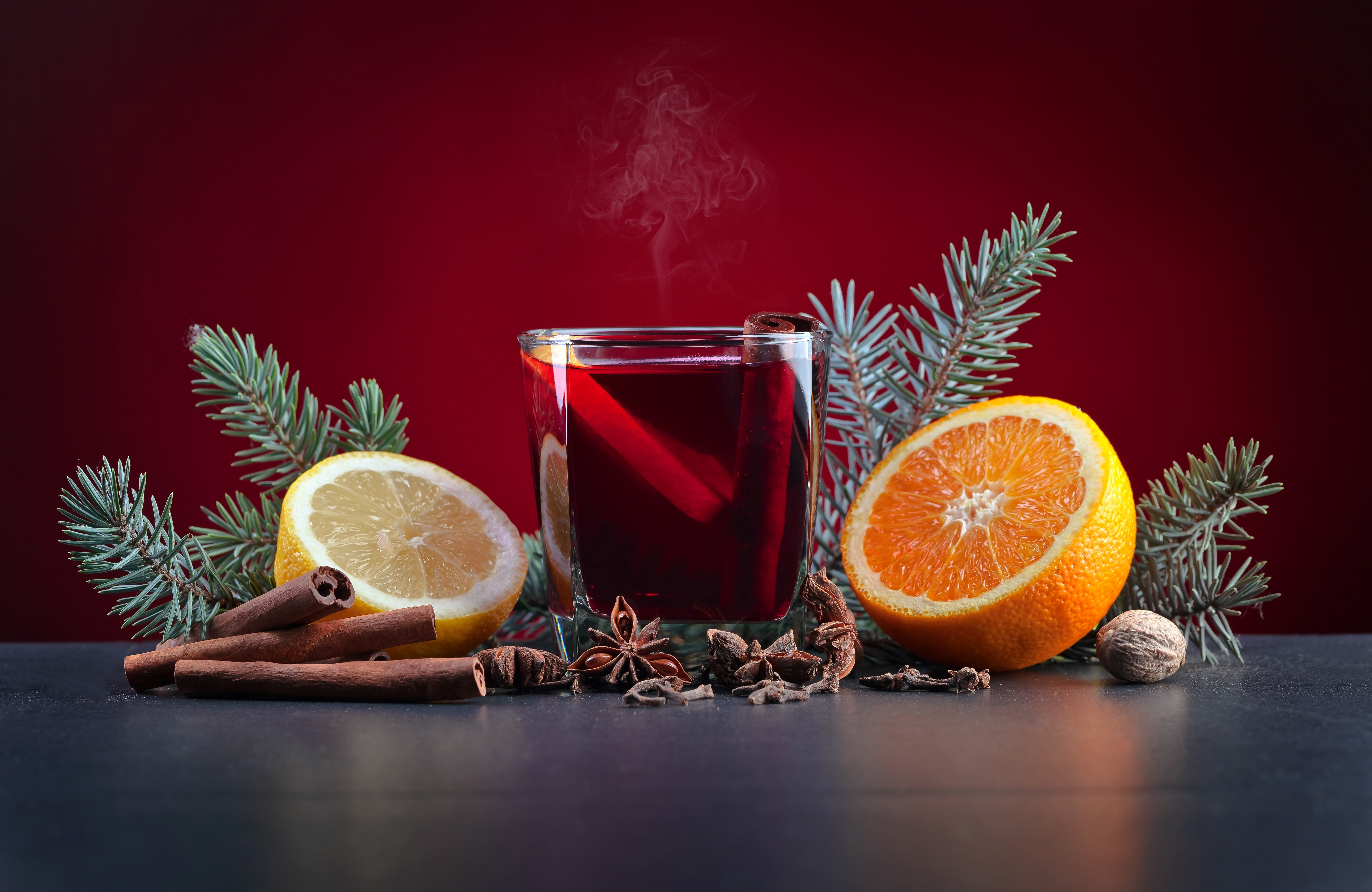 pine branches, Christmas, glass, new year, cinnamon, couples, hot, star anise, fruit, bokeh, orange, 5K, drink, table, background, lemon, walnut, HD Wallpaper