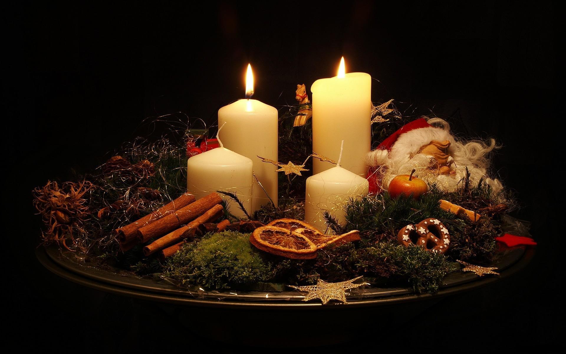 santa claus, needles, christmas candles, lemon, pine needles, pine, 1080P, candles, christmas, face, santa, tray, cinnamon, claus, HD Wallpaper