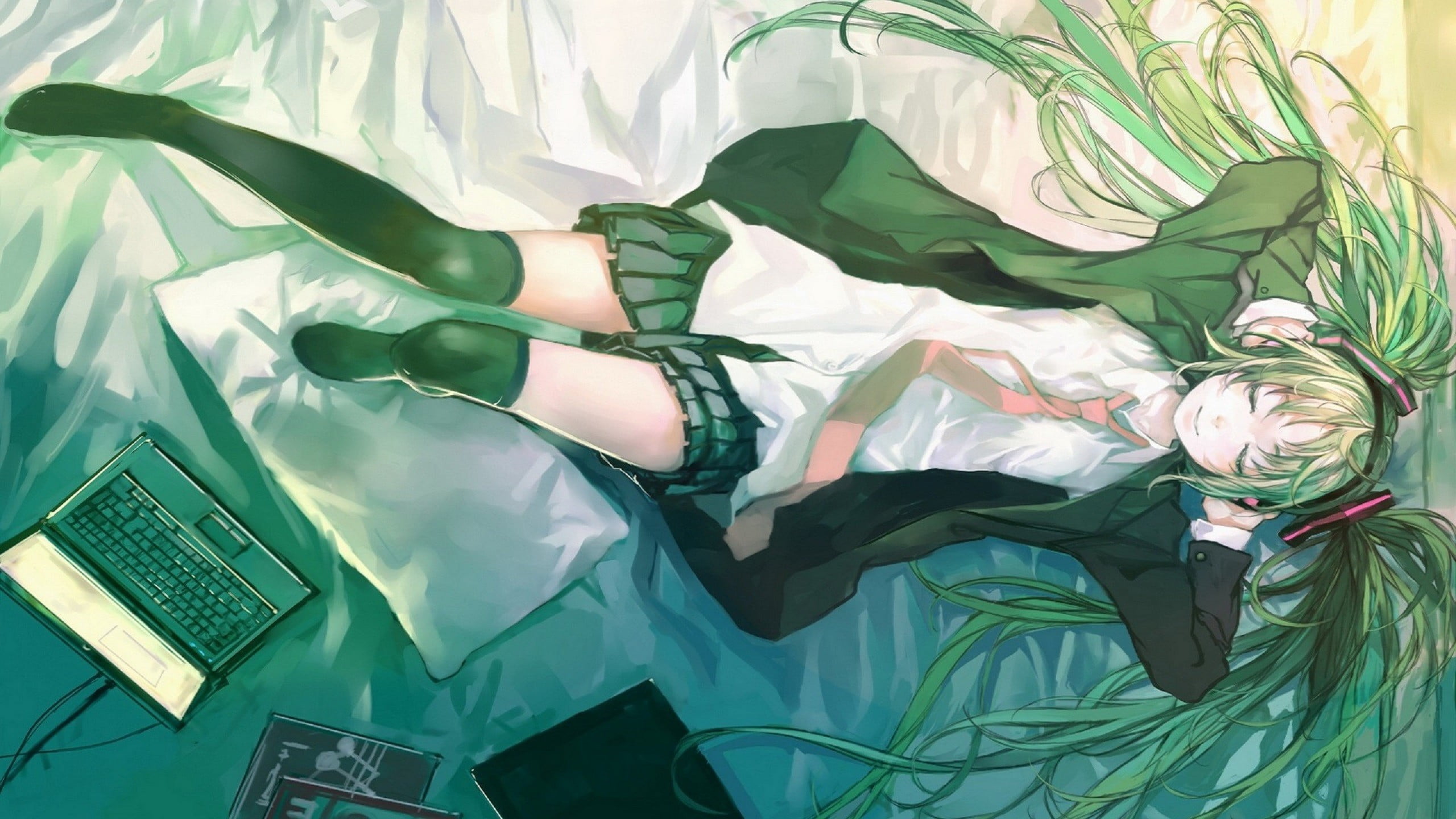 Hatsune Miku, technology, day, close-up, floral pattern, green color, indoors, plastic, backgrounds, 2K, Vocaloid, still life, leaf, high angle view, crumpled, HD Wallpaper