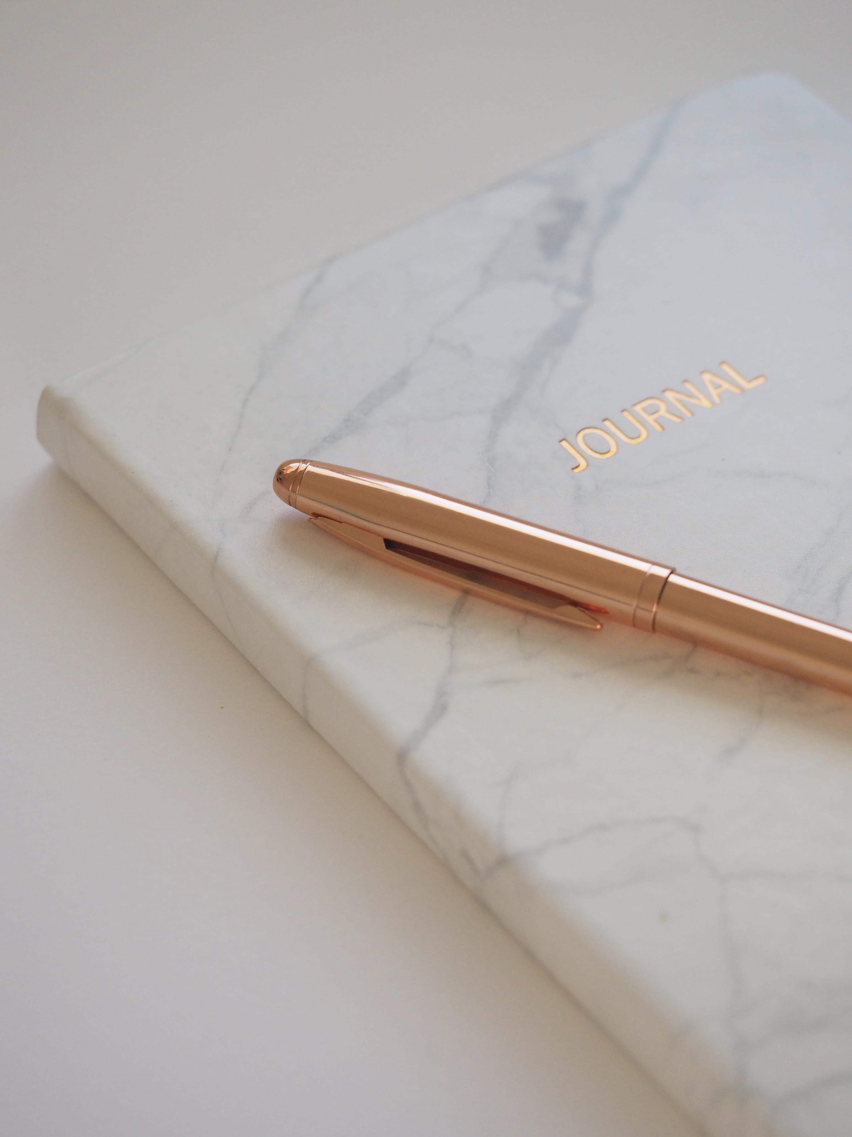 table, selective focus, pen, publication, still life, wood - material, handwriting, rose gold, white color, diary, journal, 4K, ballpoint, book, close-up, Phone HD Wallpaper