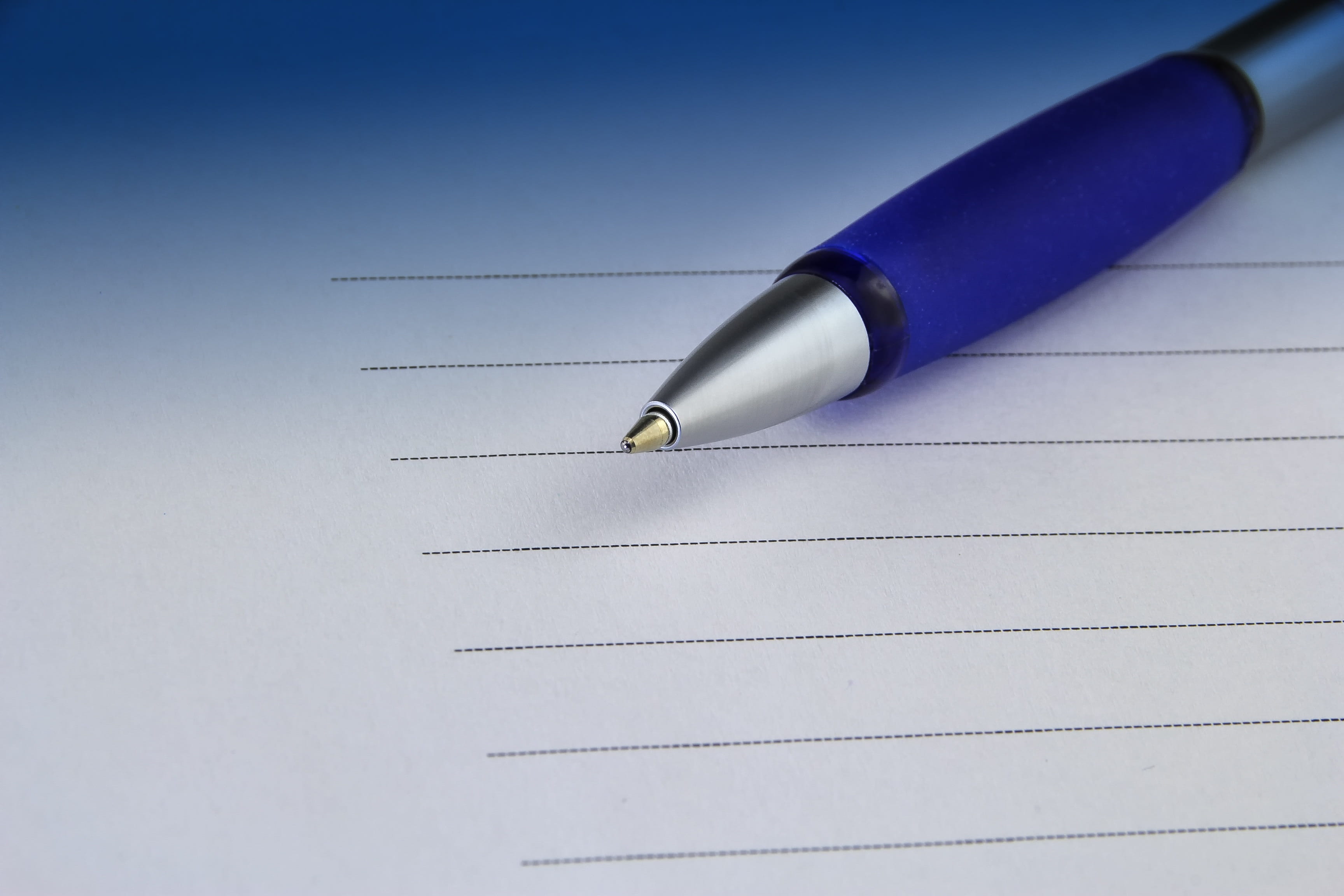 pen, writing instrument, no people, copy space, document, blue background, 2K, still life, table, list, blue, rows, indoors, office supply, office, paper, HD Wallpaper