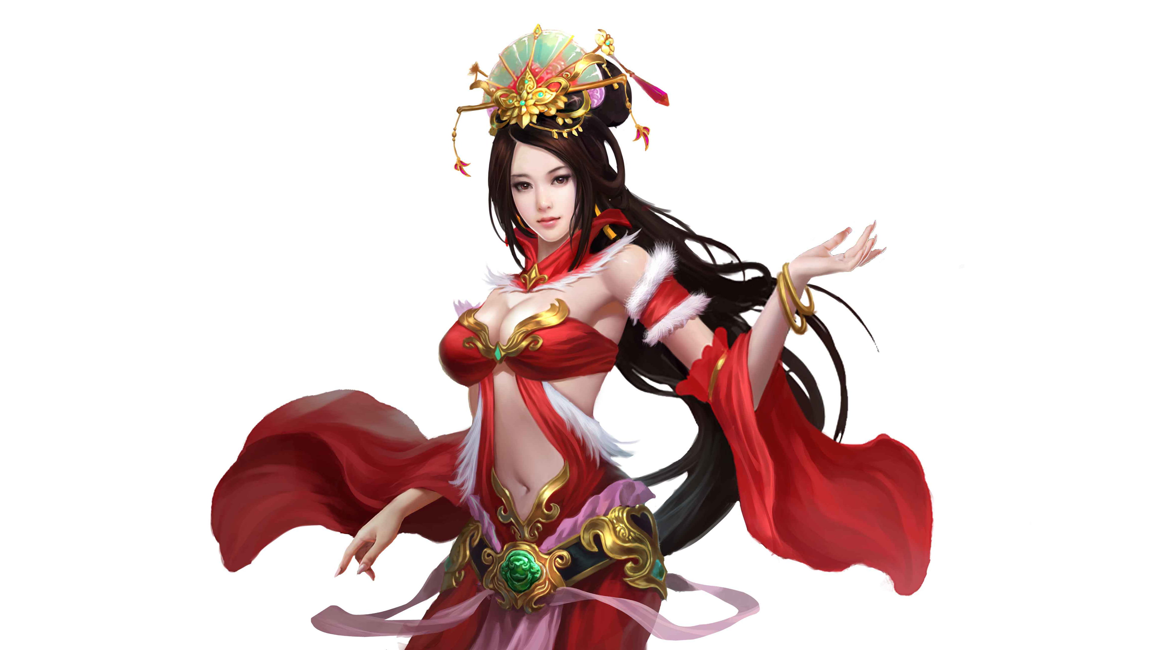 red, girl, clip, dragon, art, phones, decorative, belt, 4K, oriental, hair, hd, clothing, beautiful, mobile, HD Wallpaper