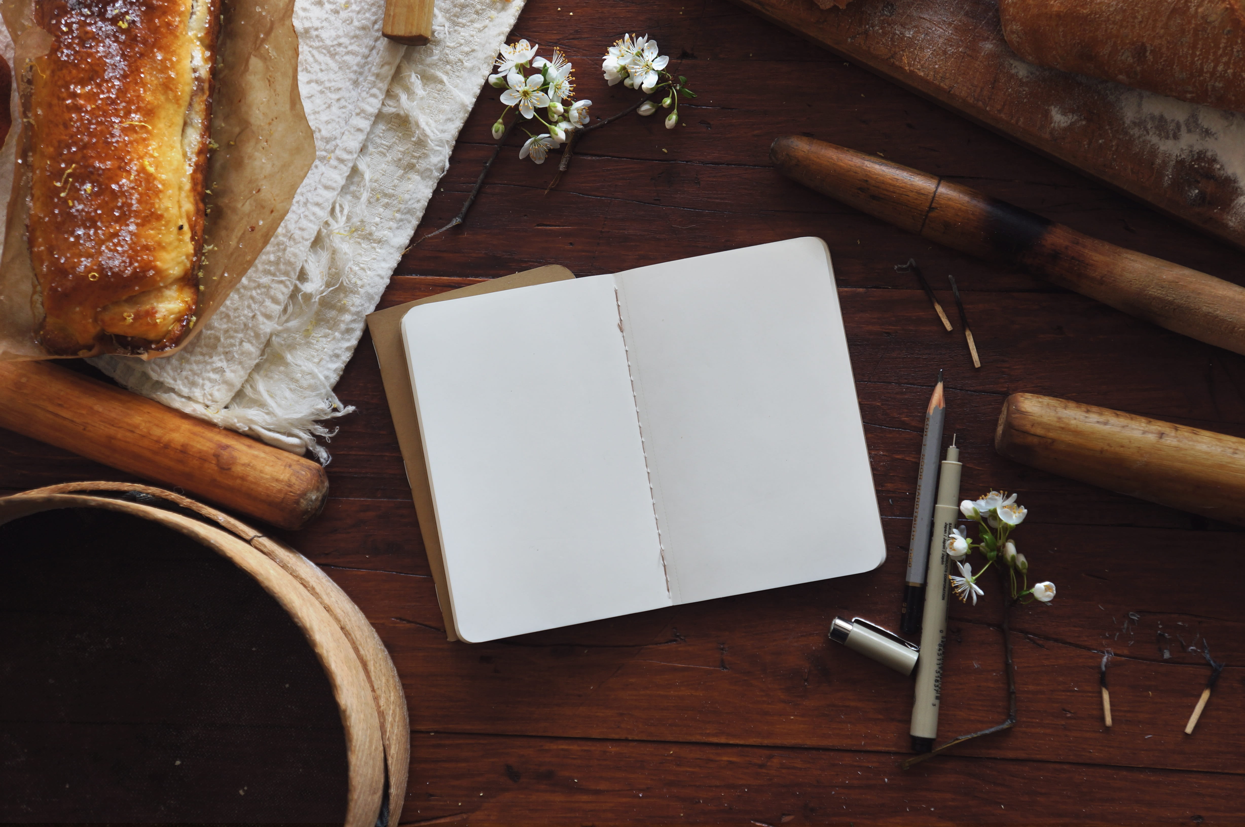 food, indoors, flowering plant, no people, gray, paper, open, wood, food and drink, directly above, wood - material, plant, book, pencil, table, flowers, HD Wallpaper