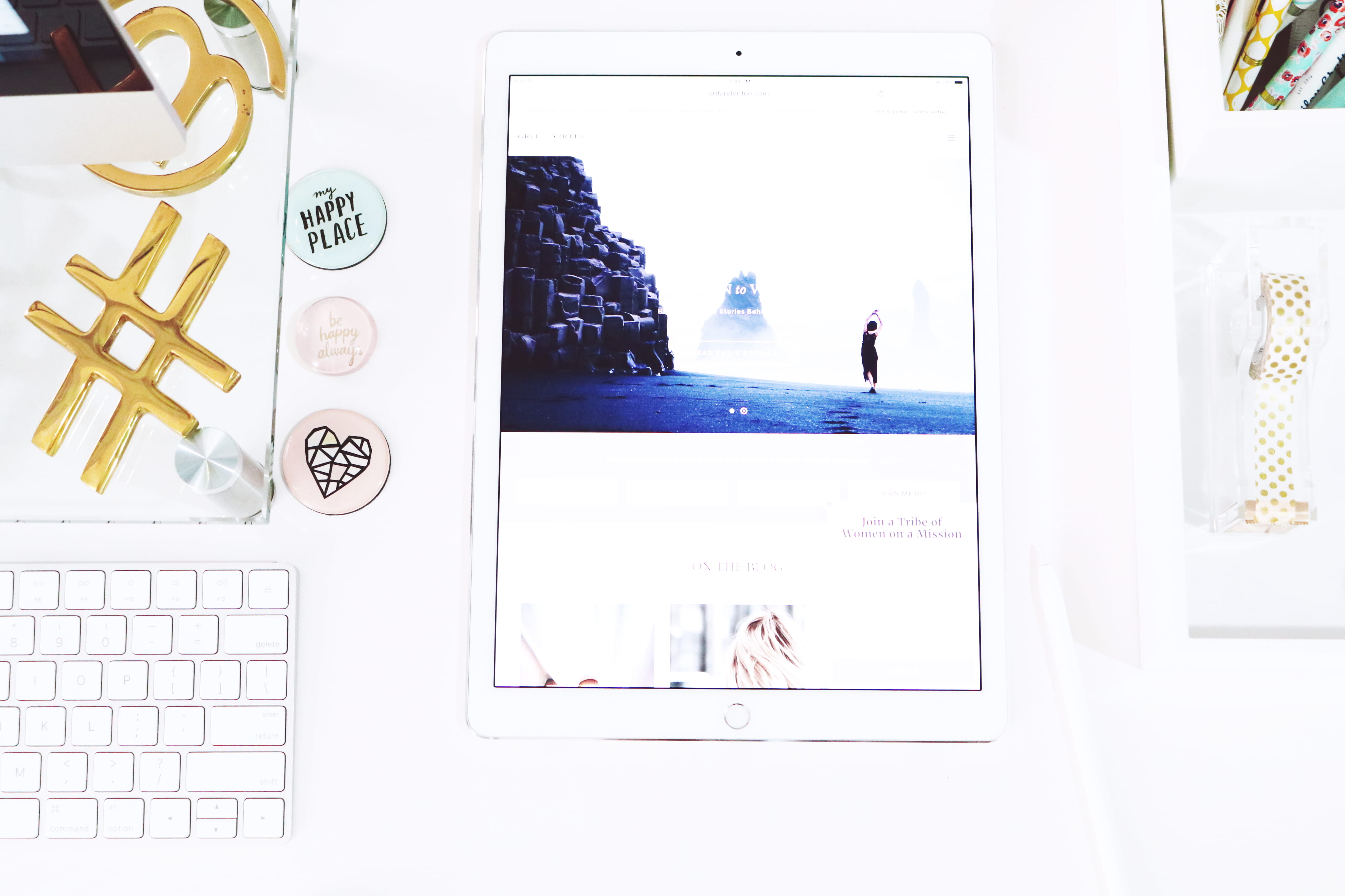 adult, topdown, connection, desktop pc, ipad, photo, the everygirl, screen, table, window, technology, white, 4K, office, keyboard, gold, indoors, girl boss, HD Wallpaper