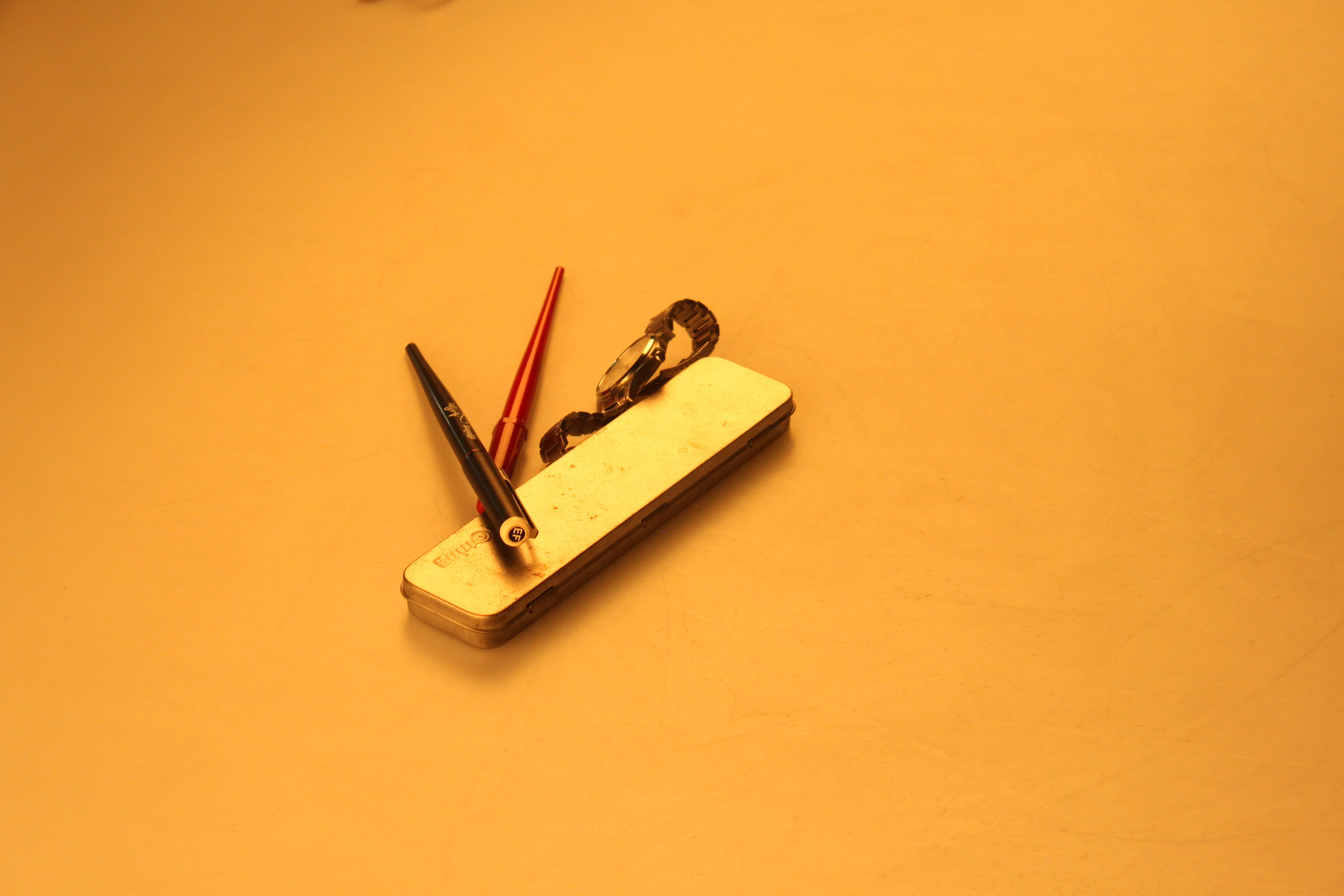 office, equipment, two objects, yellow background, single object, rubber, cut out, eraser, Pen, no people, orange color, Box, studio shot, Watch, colored background, HD Wallpaper