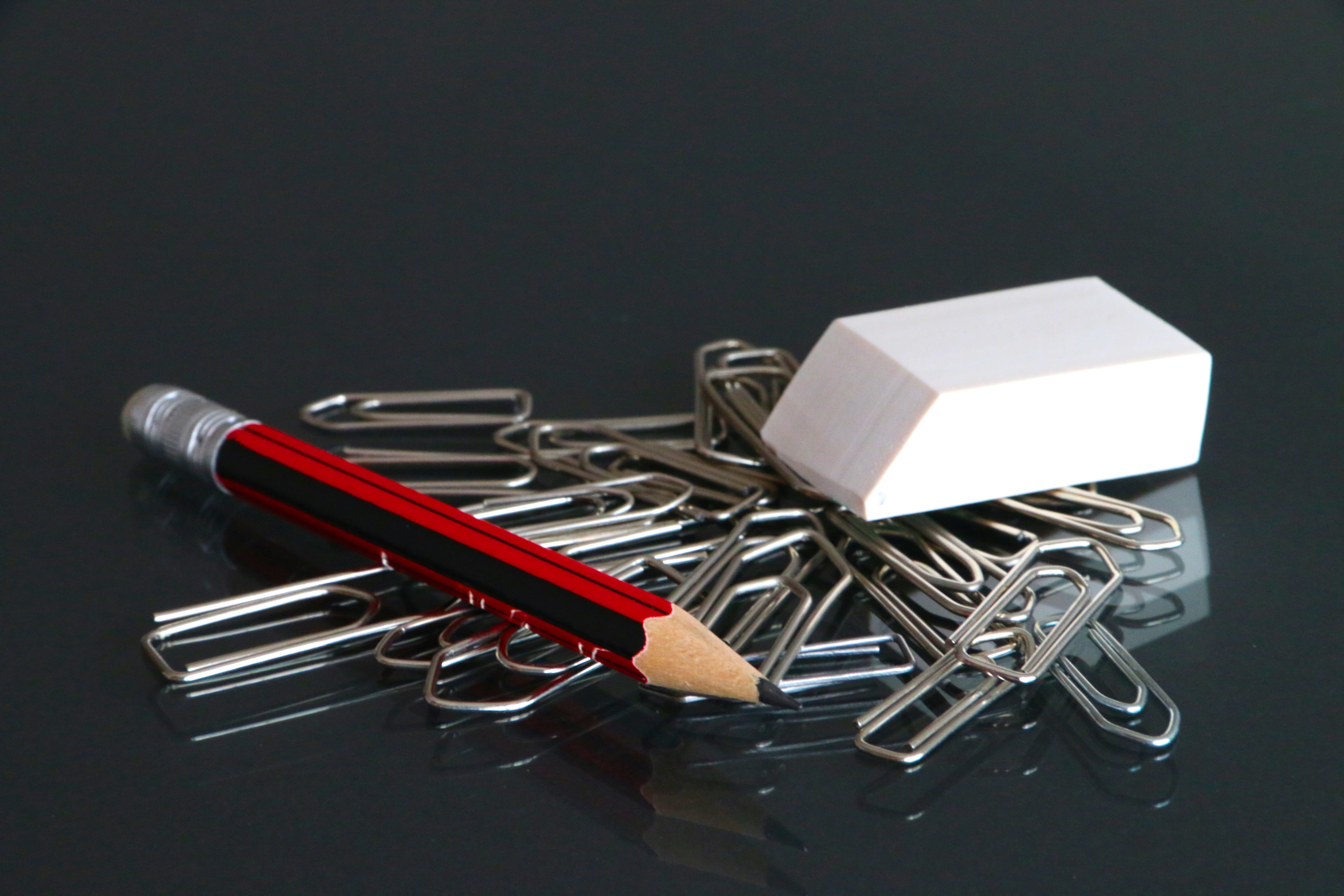 clips, 5K, pencil, paperclip, container, indoors, gray, photo, red, safety, copy space, steel, paper, metal, studio shot, no people, focus, group of objects, HD Wallpaper