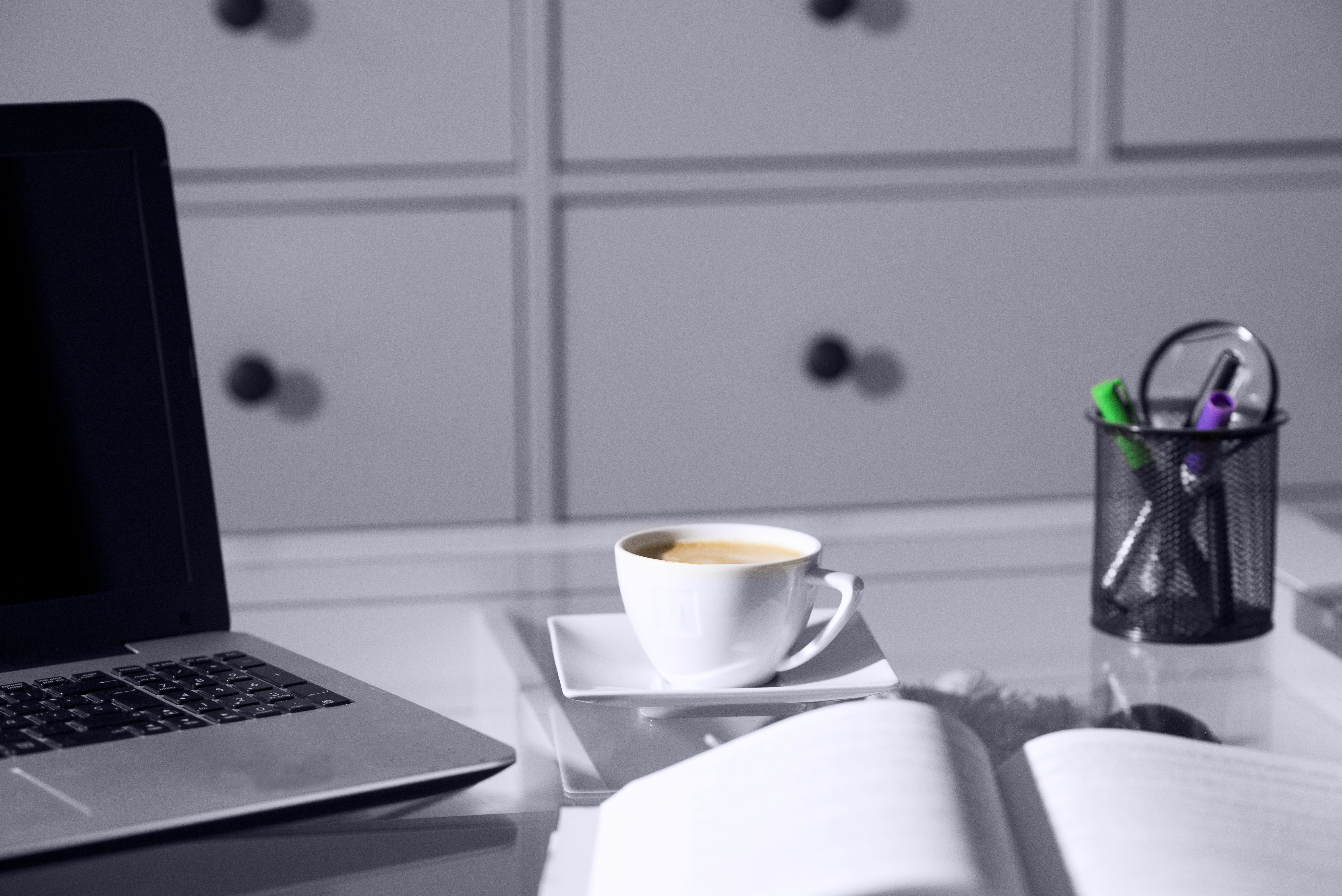 cup, coffe, roasted coffee, furniture, kitchen utensil, indoors, crockery, the drink, office, connection, technology, still life, coffee, 5K, computer, HD Wallpaper