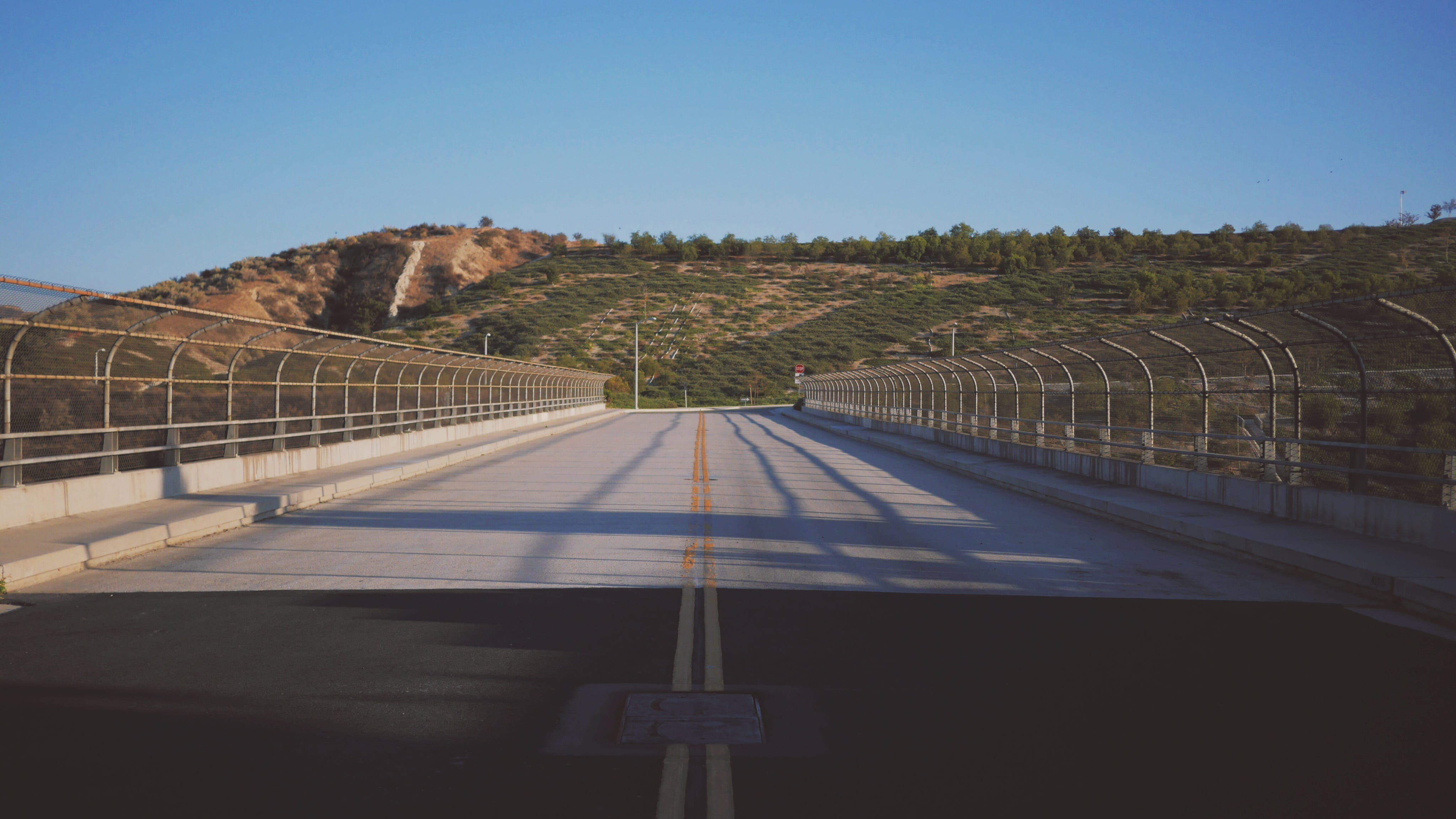 landscape, nature, shrub, day, way, hill, the way forward, outdoors, geometry, concrete, horizontal, overpass, bridge, stripes, no people, sunlight, sky, HD Wallpaper