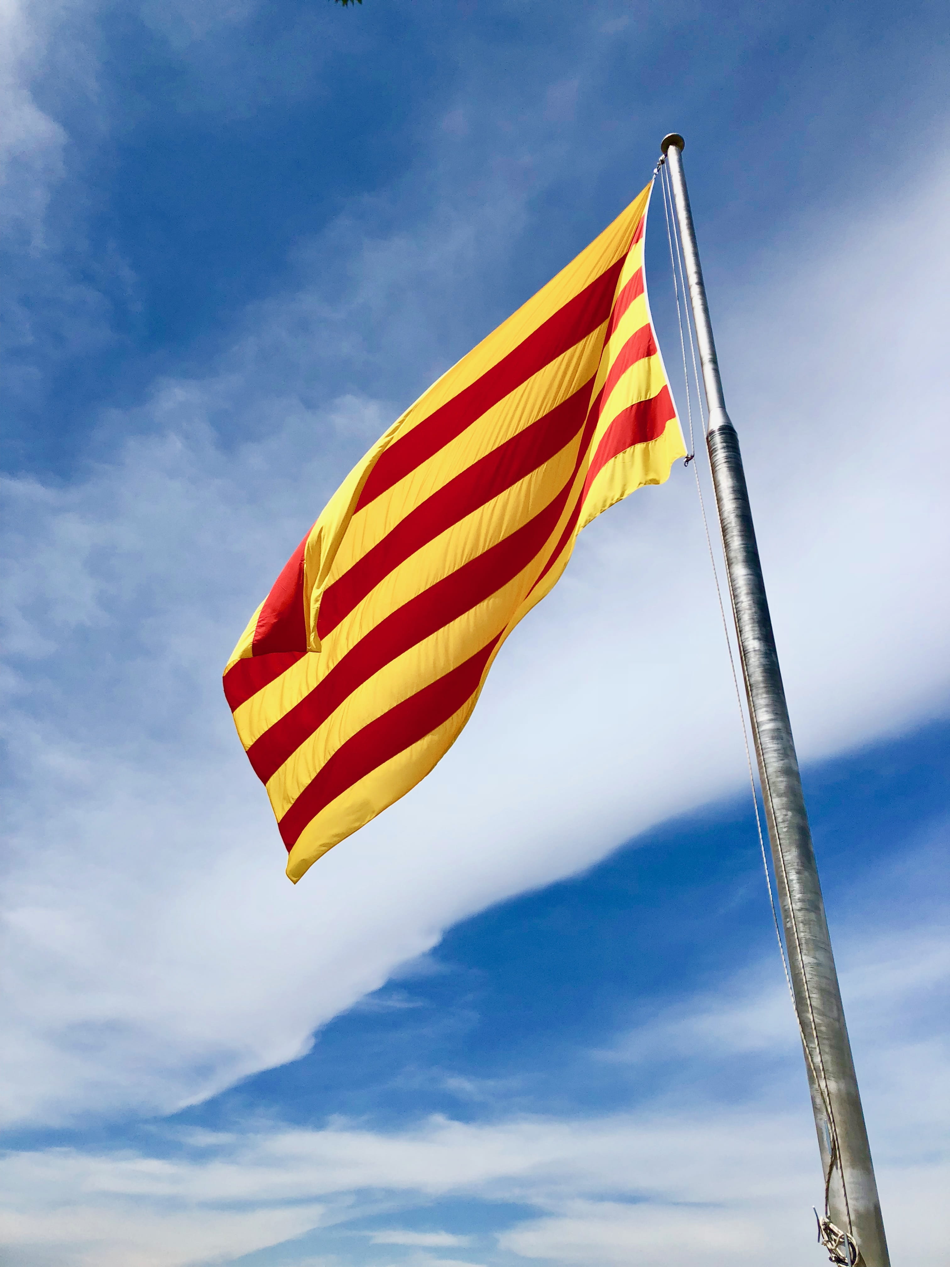 colorful, symbol, striped, pole, raised, flag, independence, banner, outdoors, red, no people, flagpole, horizontal, yellow, pride, sky, 4K, colourful, Phone HD Wallpaper