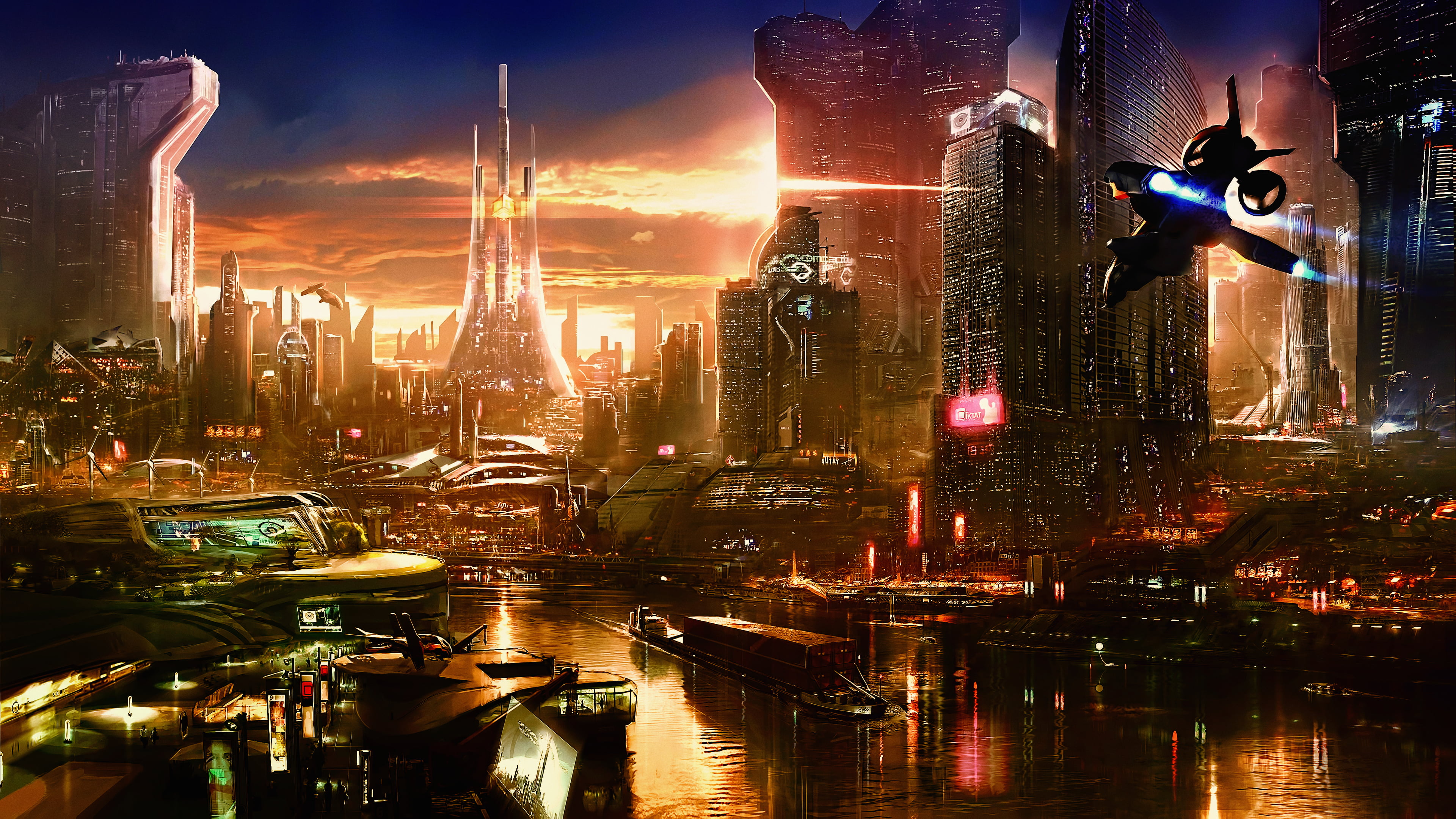 CGI, cyberpunk, artwork, cyber, fan art, science fiction, sunset, spaceship, 3D, 4K, fantasy art, concept art, futuristic, digital art, HD Wallpaper
