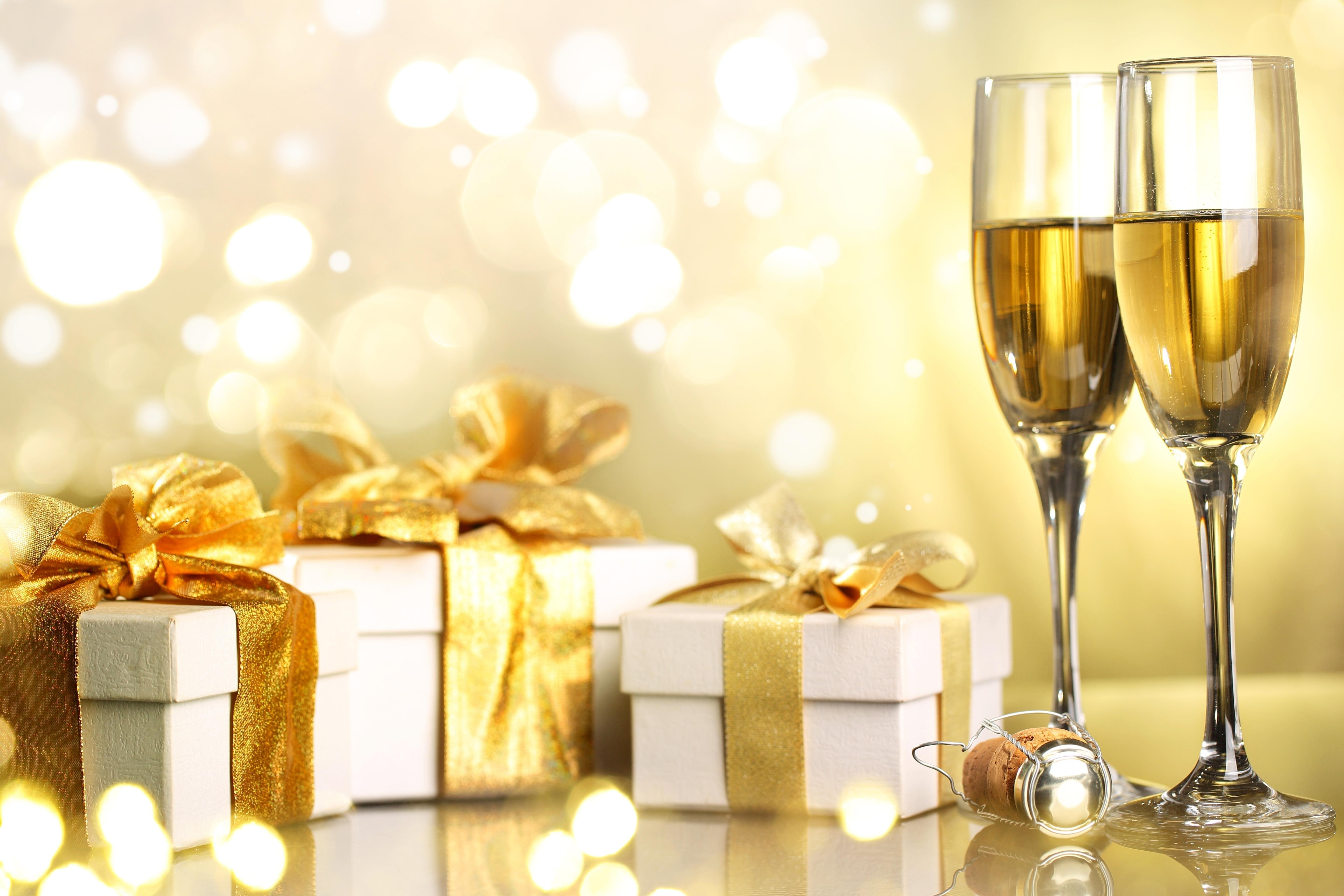 christmas, boxes, 5K, champagne, merry, holiday, gifts, HD Wallpaper