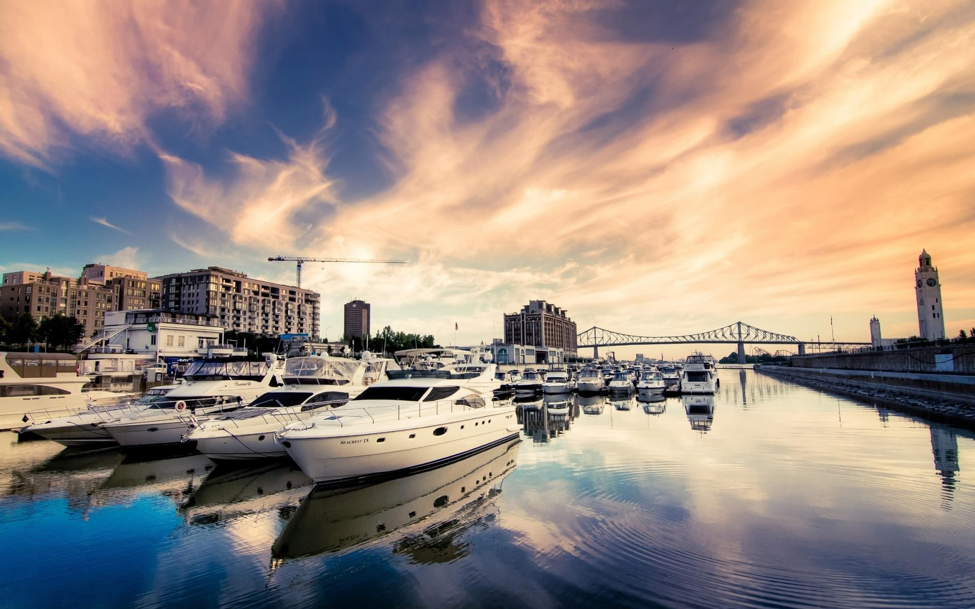 buildings, water, beautiful, 1080P, boats, clouds, colorful, bridge, yachts, yacht, architecture, HD Wallpaper
