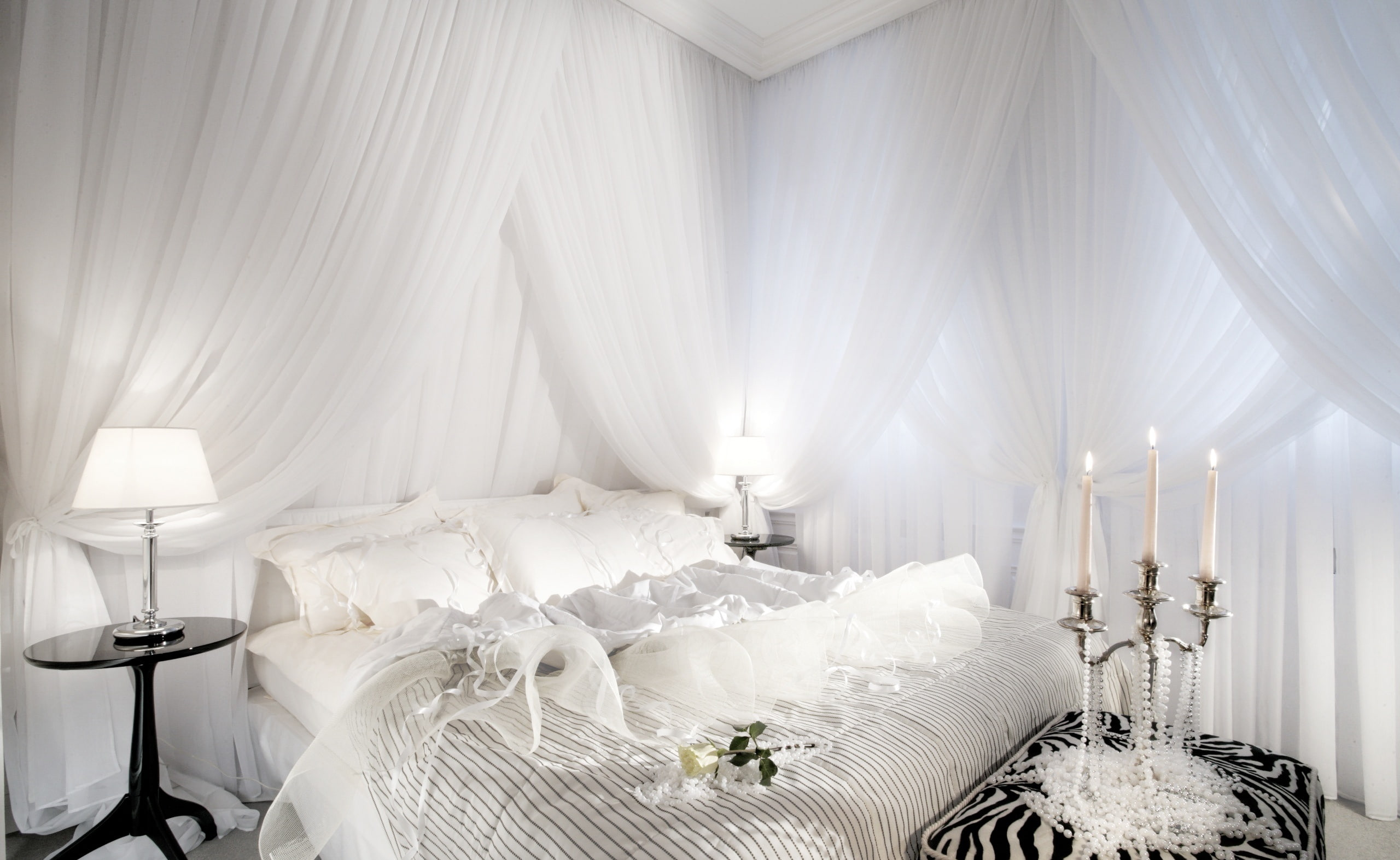 white color, hotel, textile, elegance, lighting equipment, Bedroom, curtain, wedding, Cute, no people, set, domestic room, illuminated, furniture, bedspread, HD Wallpaper