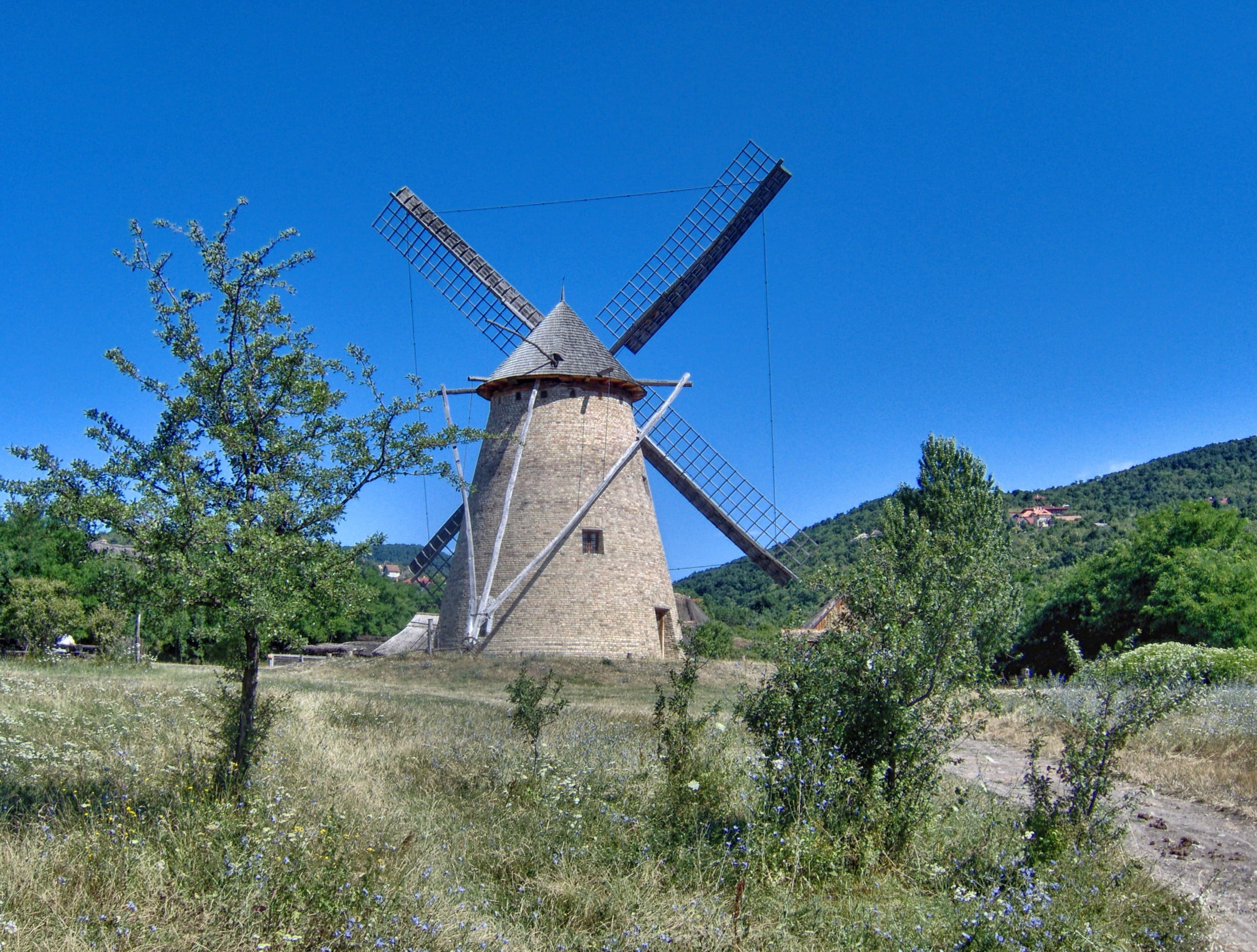 Scenic, country, fuel and power generation, plant, outdoors, spring, Hungary, outside, environment, countryside, rural scene, blue, summer, windmill, sky, HD Wallpaper