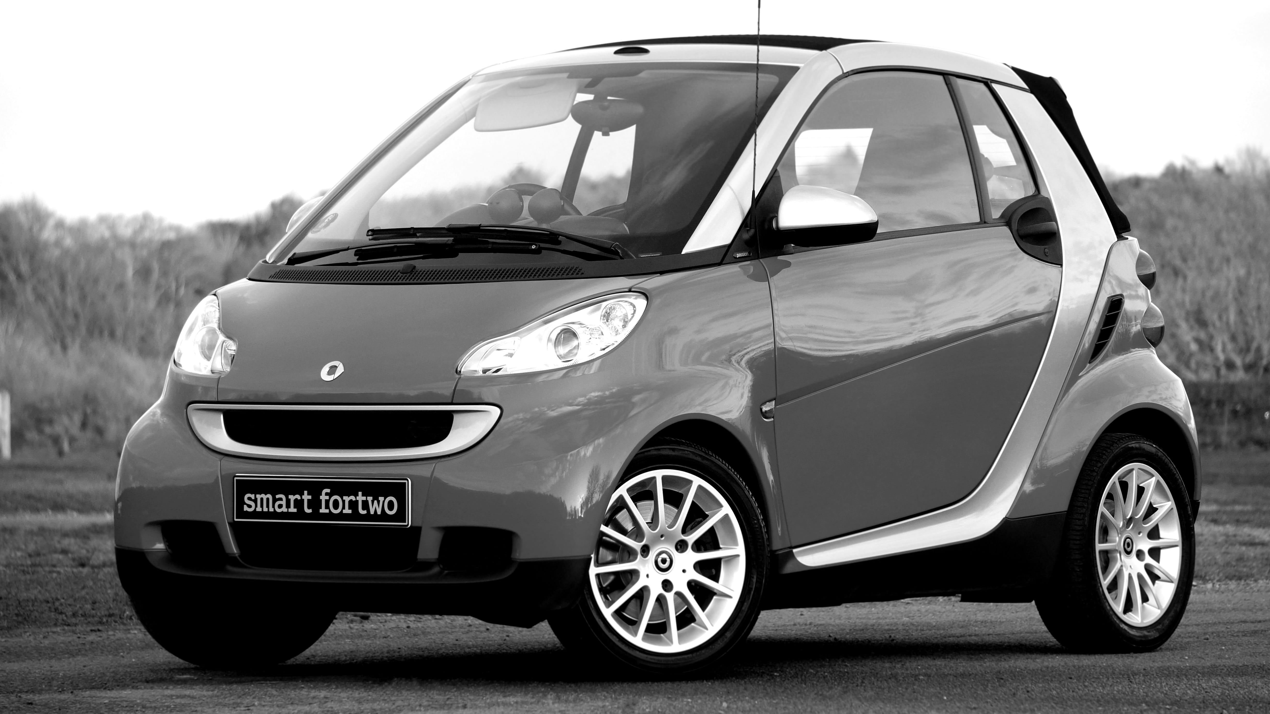 transportation, fortwo, chrome, smart, grayscale, no people, land vehicle, retro styled, smart car, hatchback, mode of transportation, automotive, convertible, HD Wallpaper