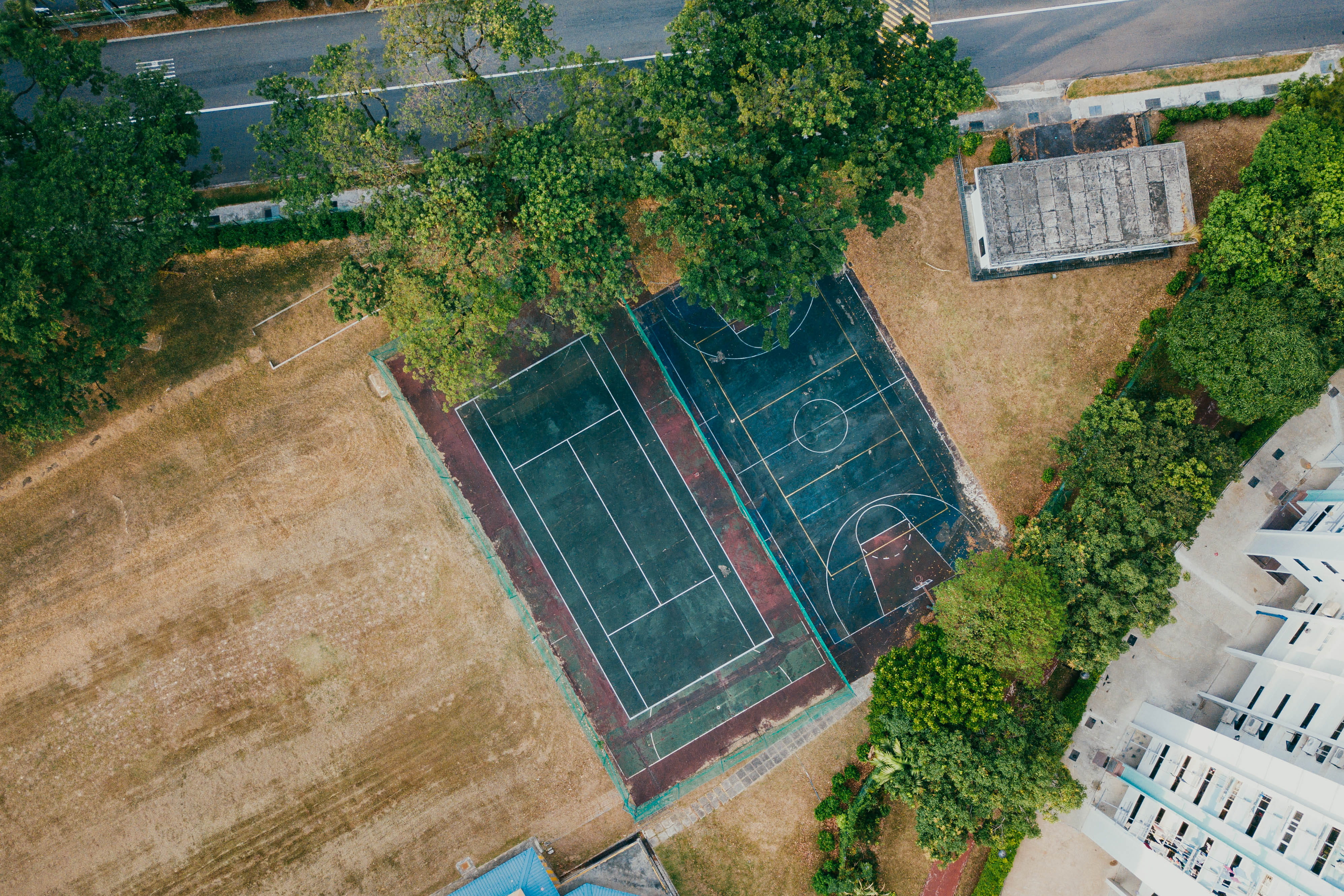 outdoors, water, 4K, team sport, fuel and power generation, environmental conservation, building, game, day, court, aerial view, basketball, no people, HD Wallpaper